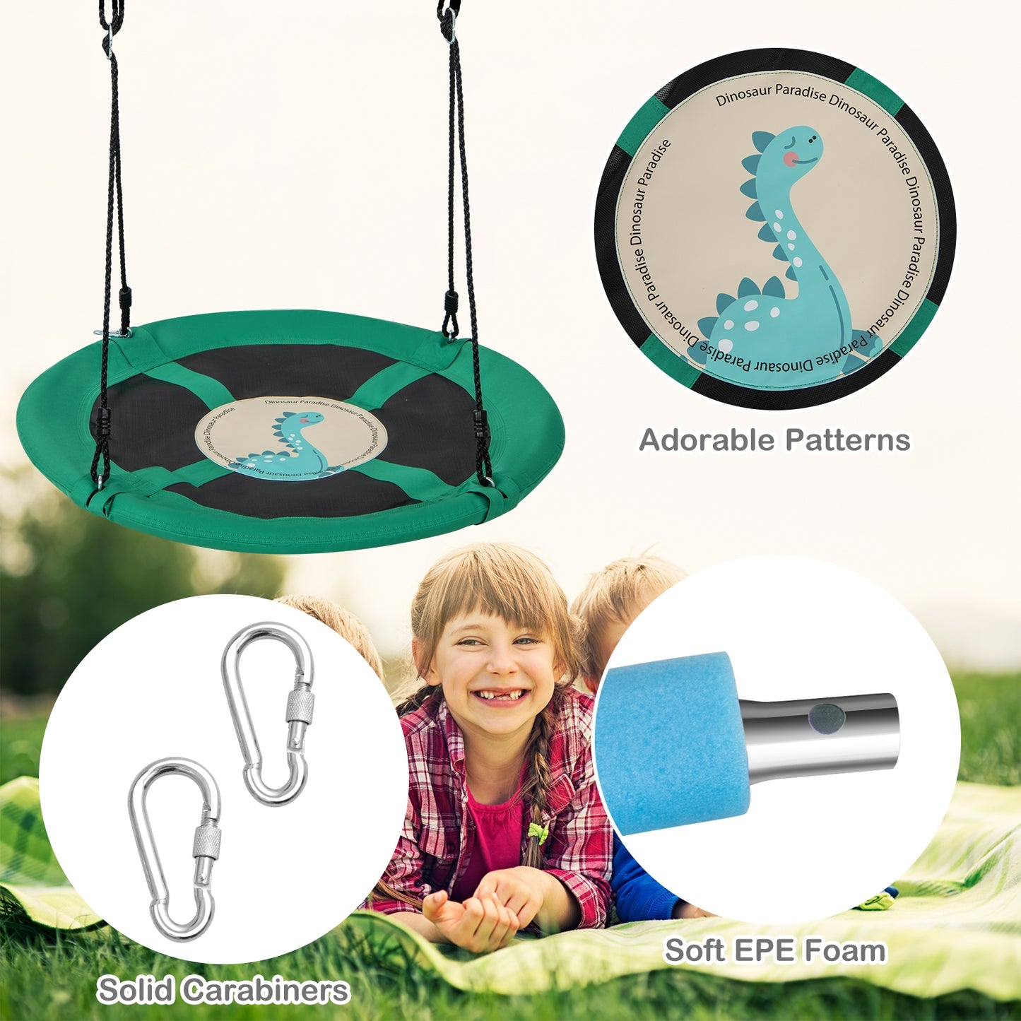 40 Inches Saucer Tree Swing Round with Adjustable Ropes and Carabiners-Green Kids Crystal