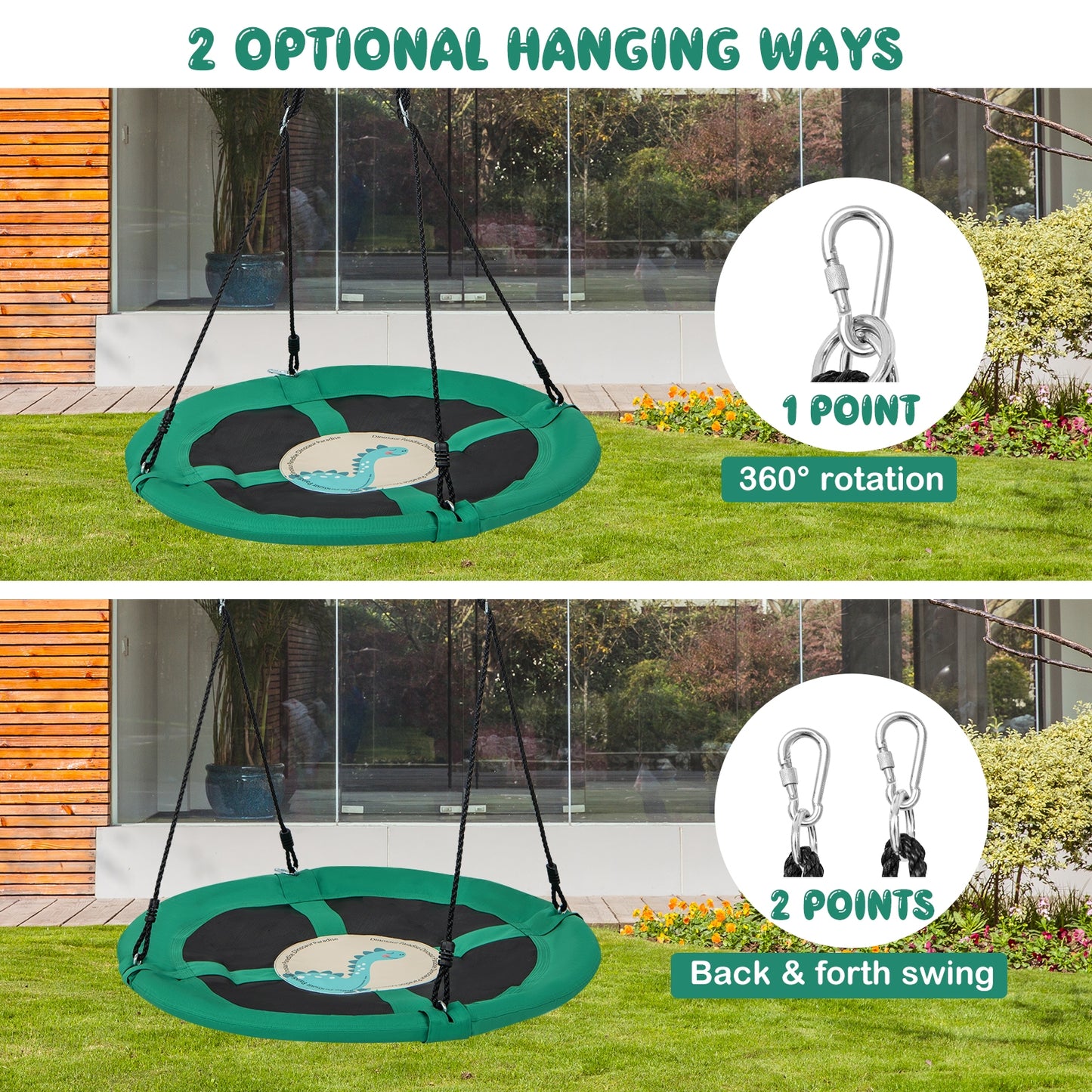 40 Inches Saucer Tree Swing Round with Adjustable Ropes and Carabiners-Green Kids Crystal