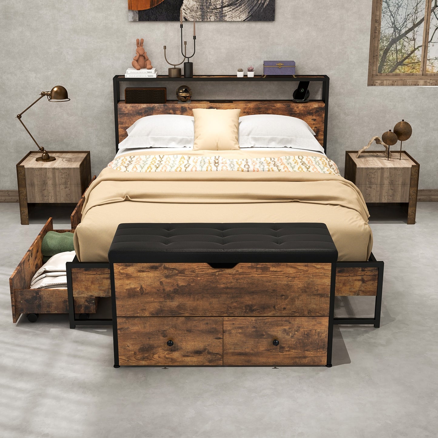 Storage Ottoman Bench with Padded Seat Cushion and 2 Drawers for Entryway-Brown Kids Crystal