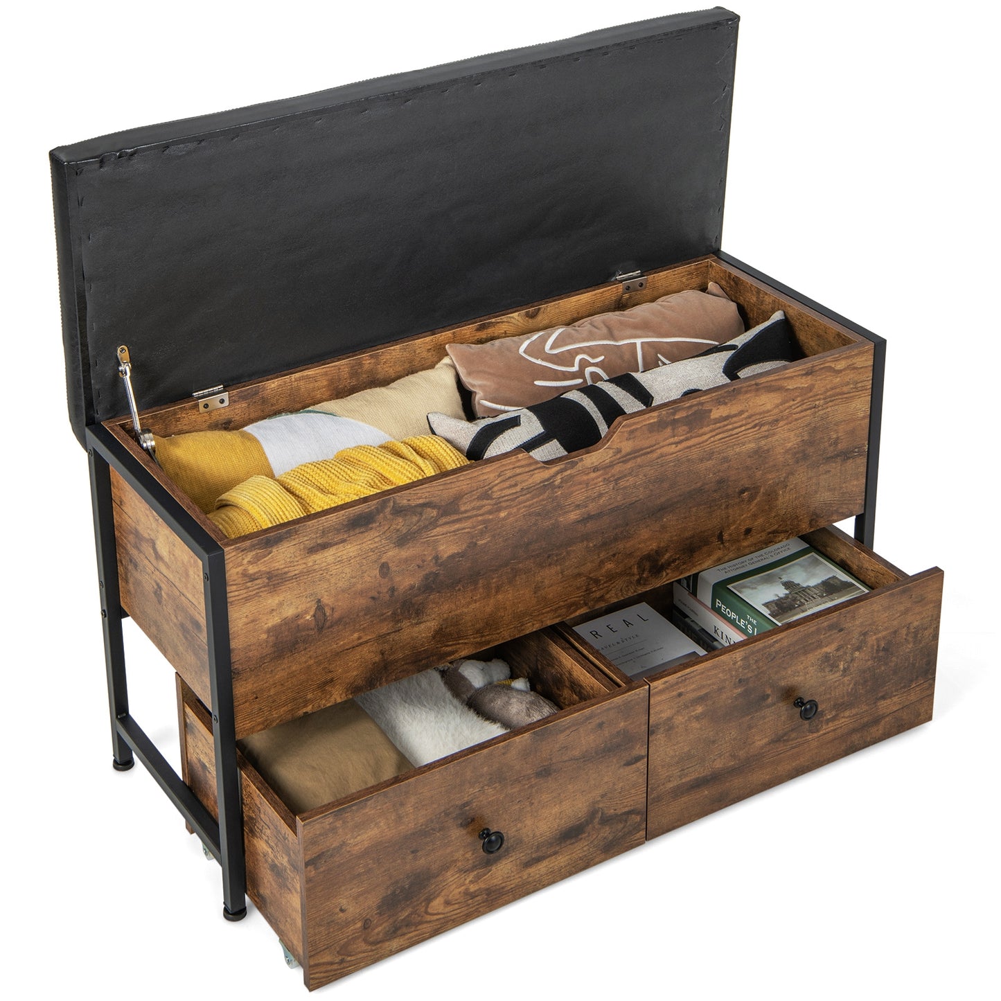 Storage Ottoman Bench with Padded Seat Cushion and 2 Drawers for Entryway-Brown Kids Crystal