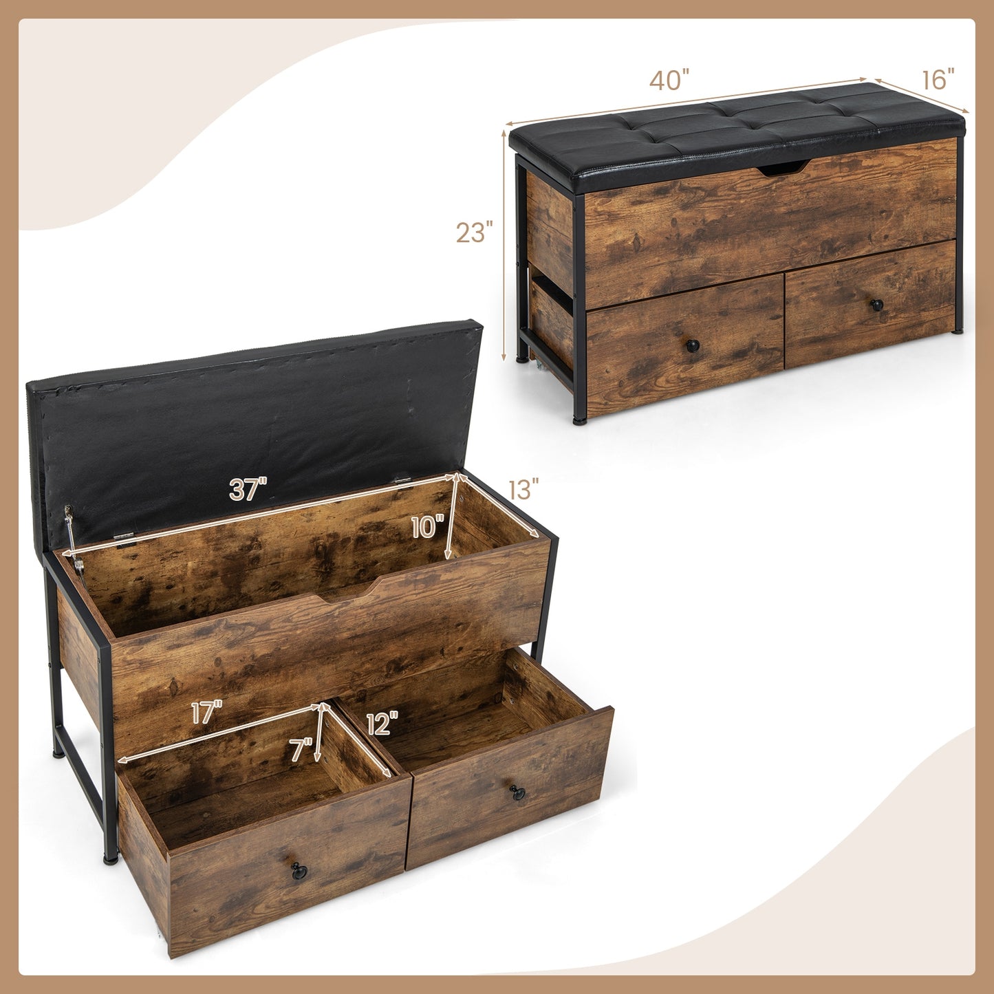 Storage Ottoman Bench with Padded Seat Cushion and 2 Drawers for Entryway-Brown Kids Crystal