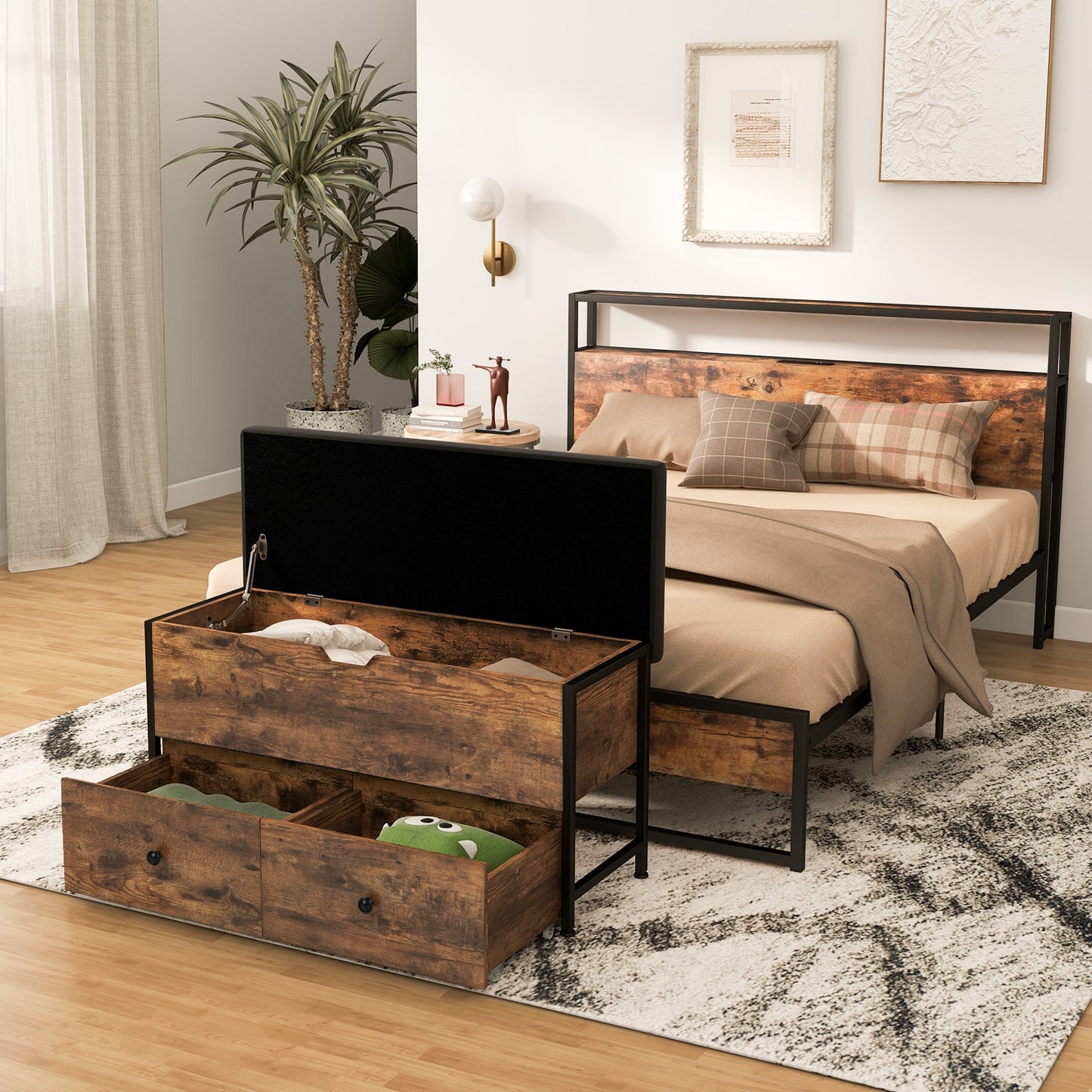 Storage Ottoman Bench with Padded Seat Cushion and 2 Drawers for Entryway-Brown Kids Crystal