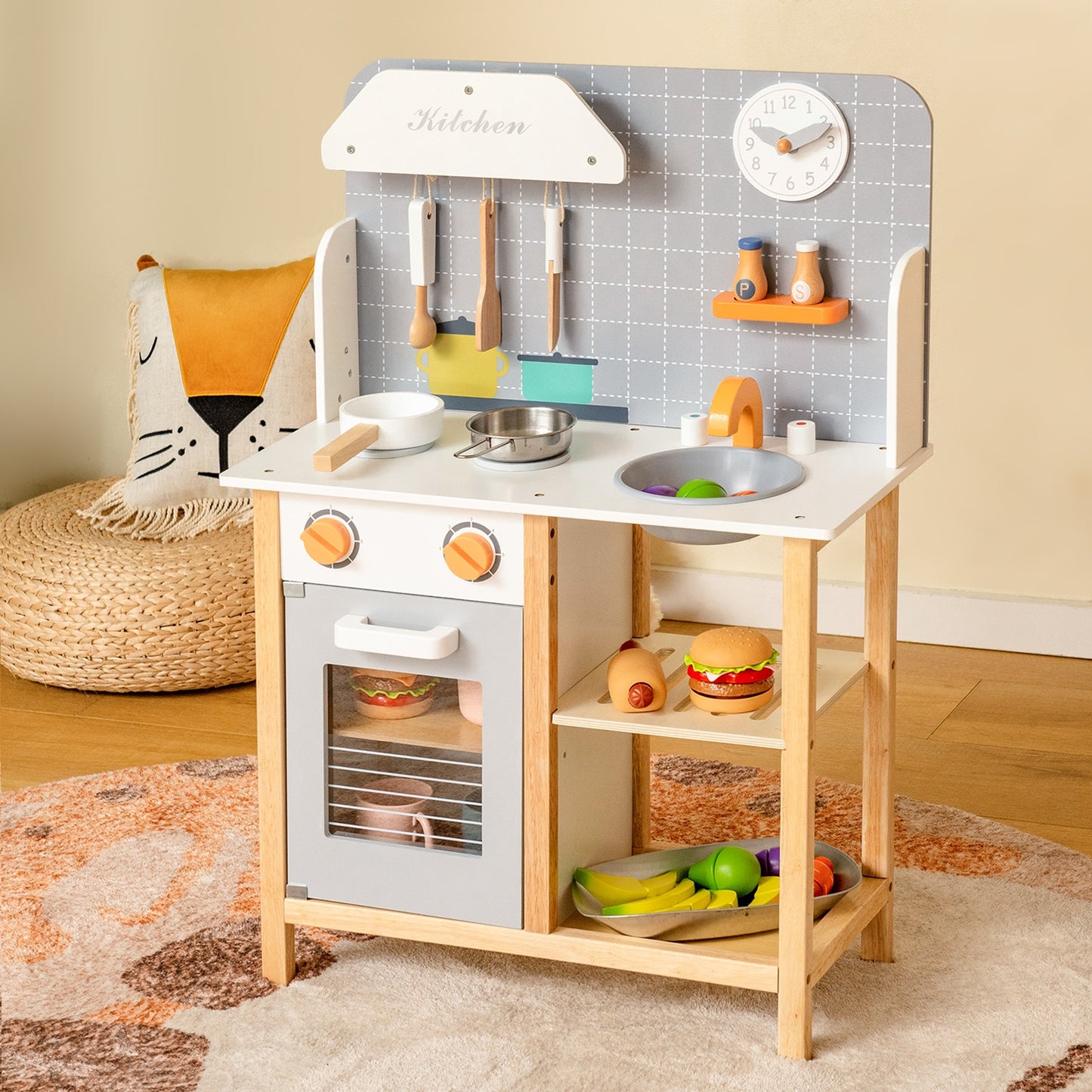 Wooden Toddler Pretend Kitchen Set with Cookware Accessories for Boys and Girls-Grey Kids Crystal