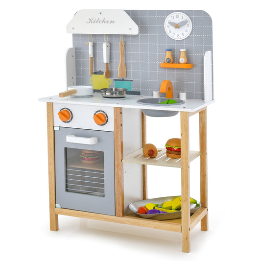 Wooden Toddler Pretend Kitchen Set with Cookware Accessories for Boys and Girls-Grey Kids Crystal