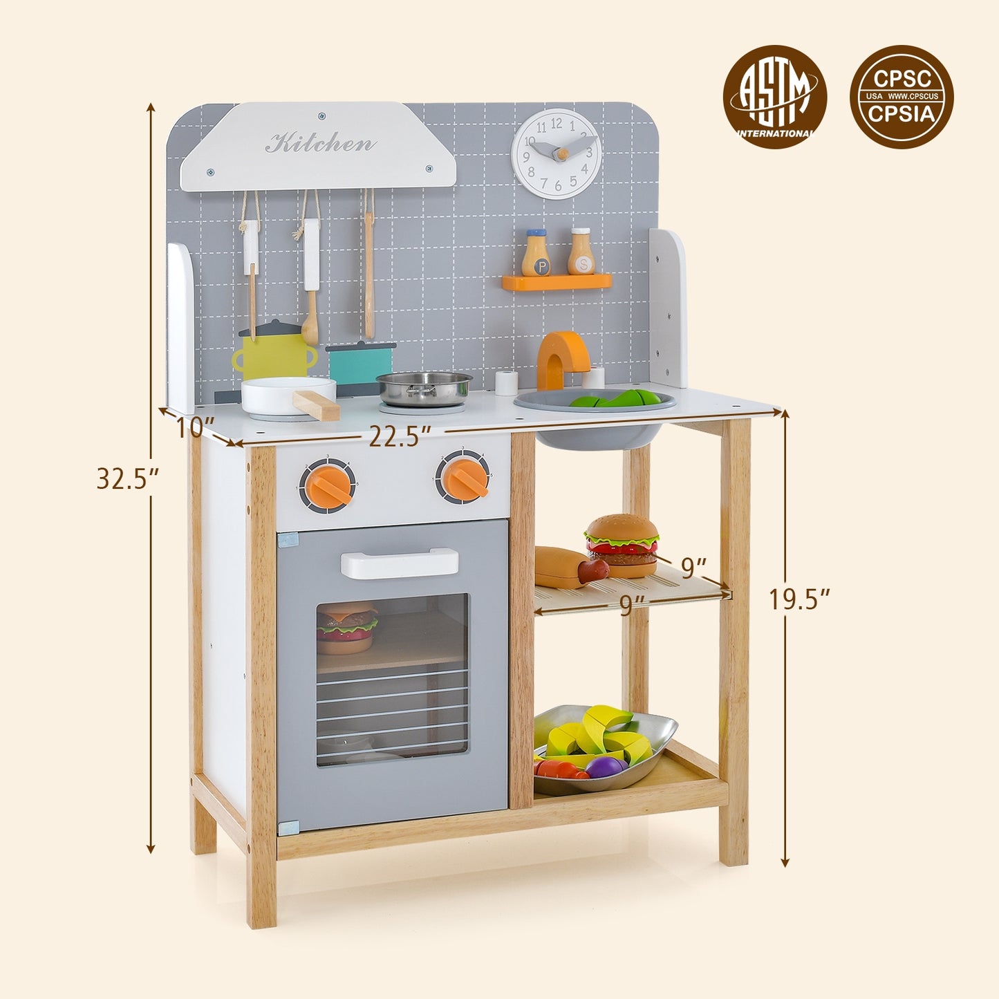 Wooden Toddler Pretend Kitchen Set with Cookware Accessories for Boys and Girls-Grey Kids Crystal
