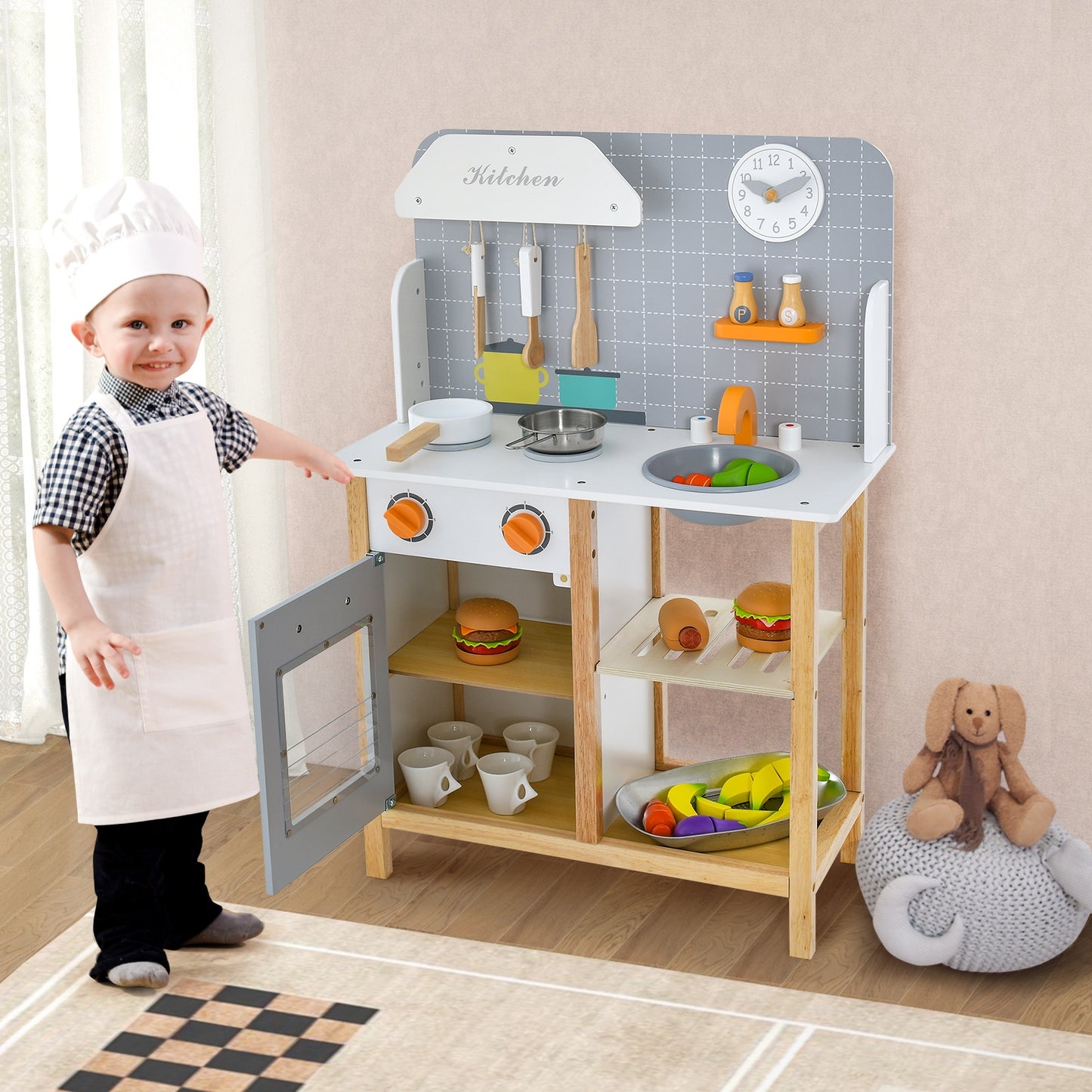Wooden Toddler Pretend Kitchen Set with Cookware Accessories for Boys and Girls-Grey Kids Crystal