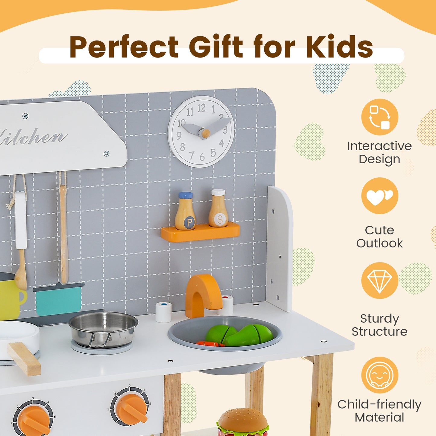 Wooden Toddler Pretend Kitchen Set with Cookware Accessories for Boys and Girls-Grey Kids Crystal