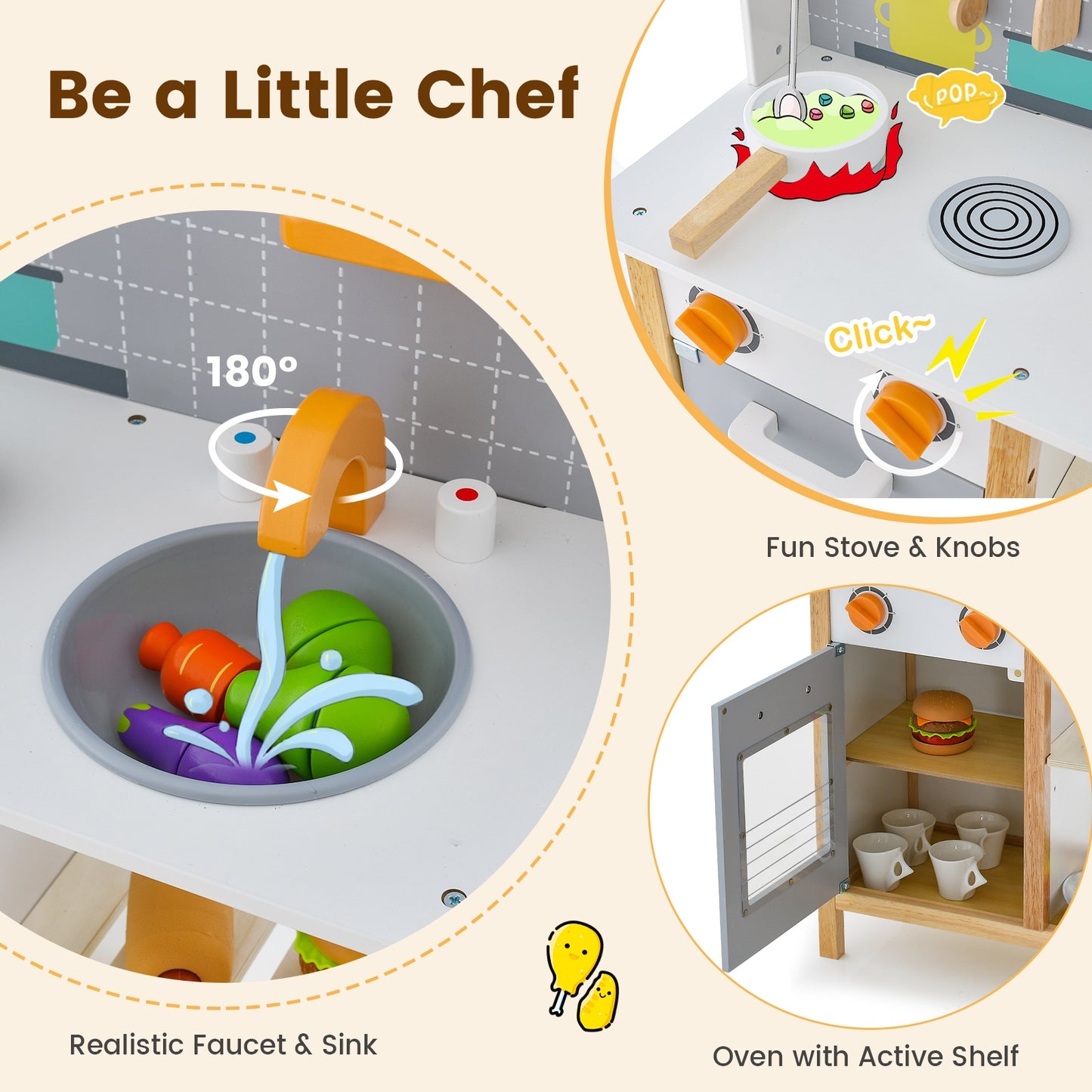 Wooden Toddler Pretend Kitchen Set with Cookware Accessories for Boys and Girls-Grey Kids Crystal
