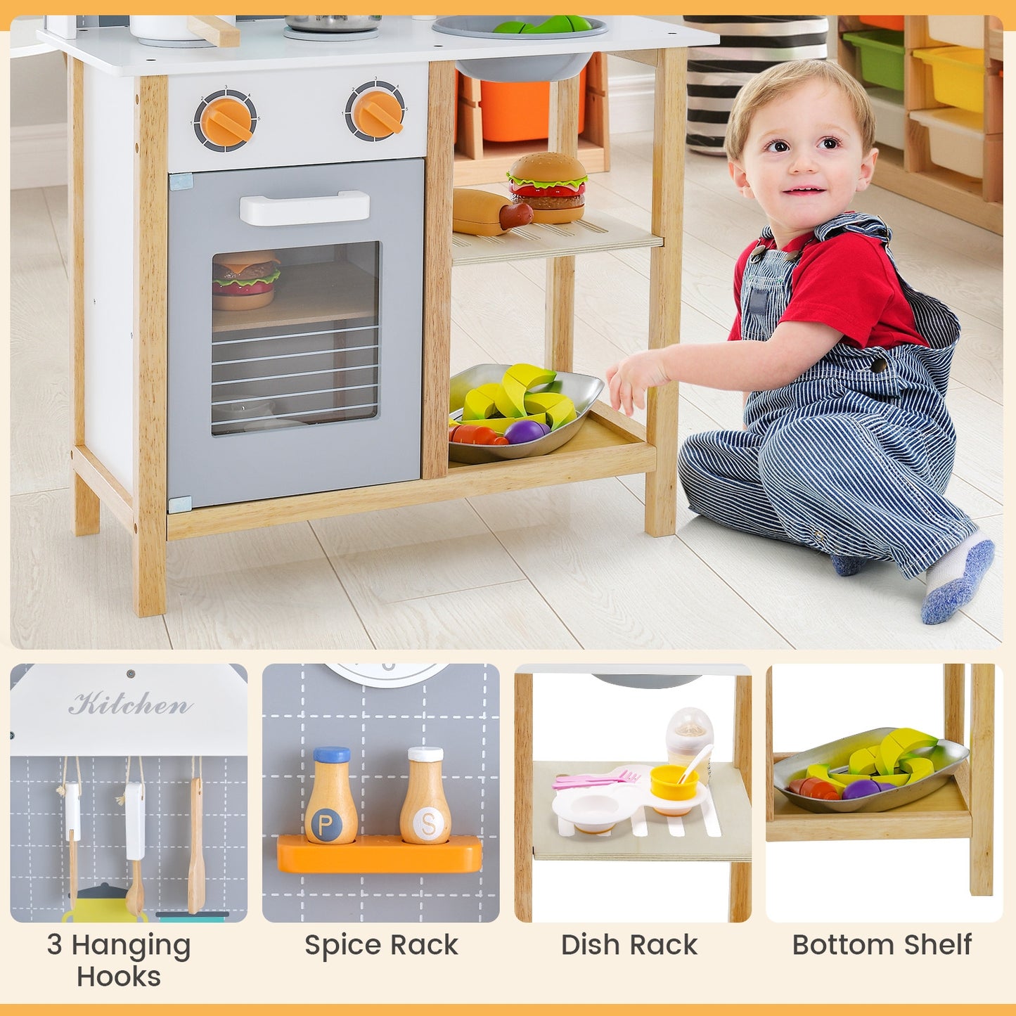 Wooden Toddler Pretend Kitchen Set with Cookware Accessories for Boys and Girls-Grey Kids Crystal