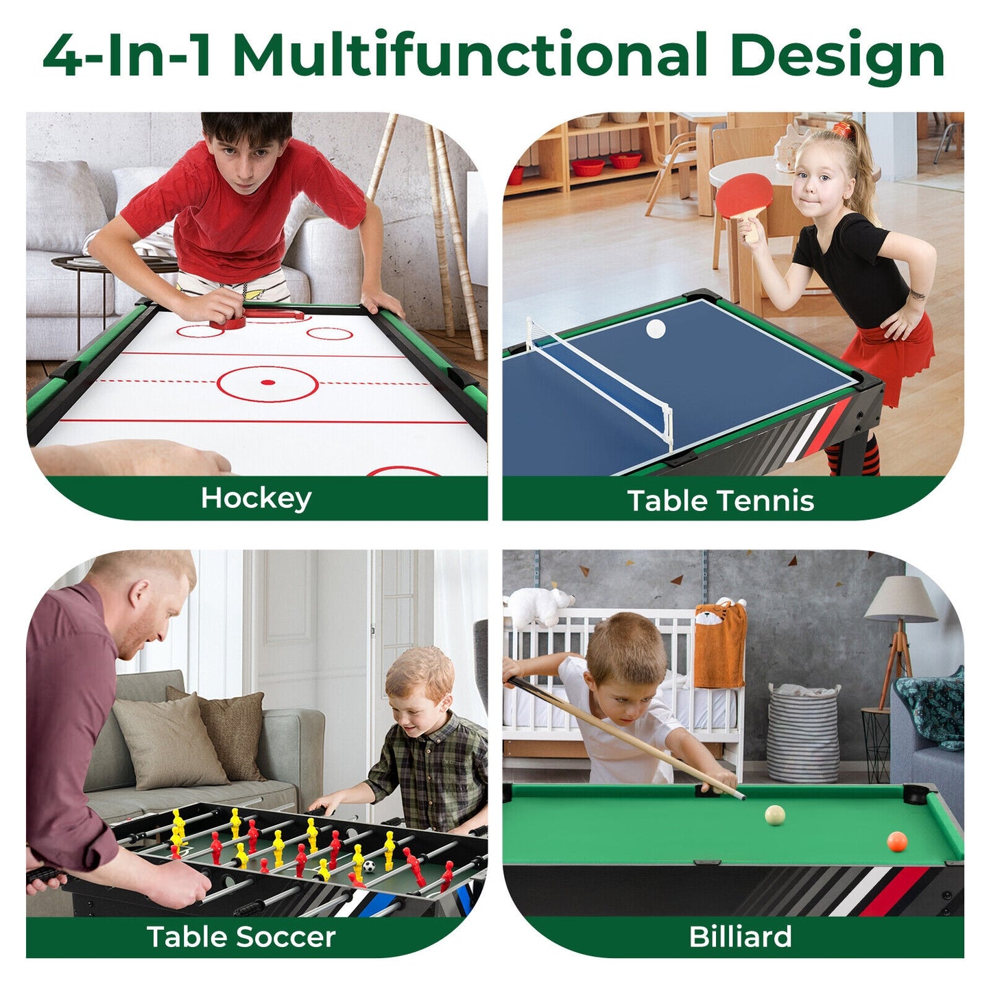 4-in-1 Multi Game Table with Pool Billiards Kids Crystal