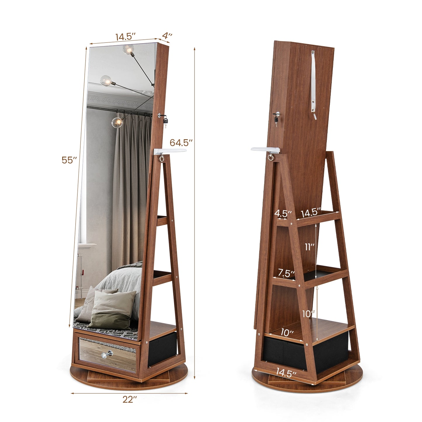 Lockable 360° Swivel Jewelry Cabinet with Full-Length Mirror LED Lights-Walnut Kids Crystal