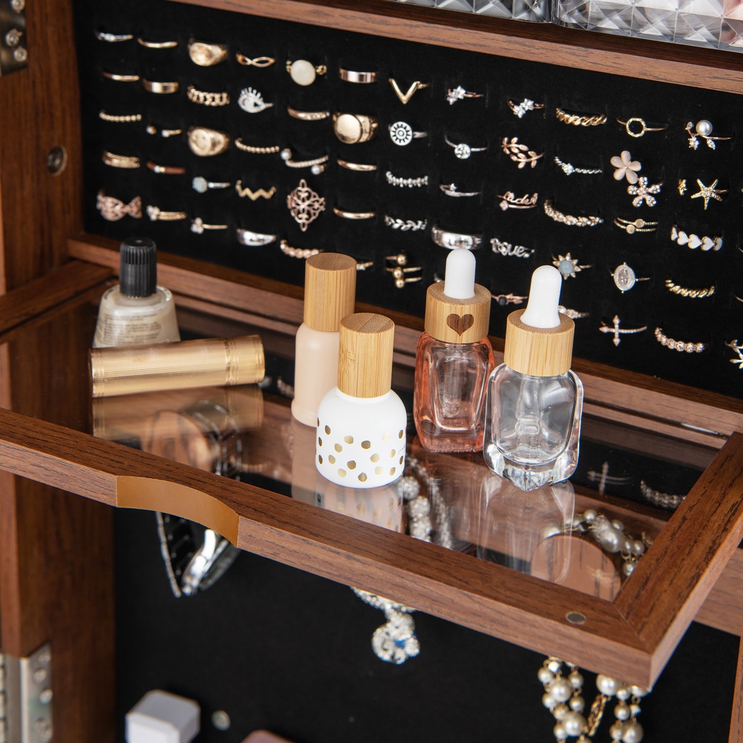 Lockable 360° Swivel Jewelry Cabinet with Full-Length Mirror LED Lights-Walnut Kids Crystal