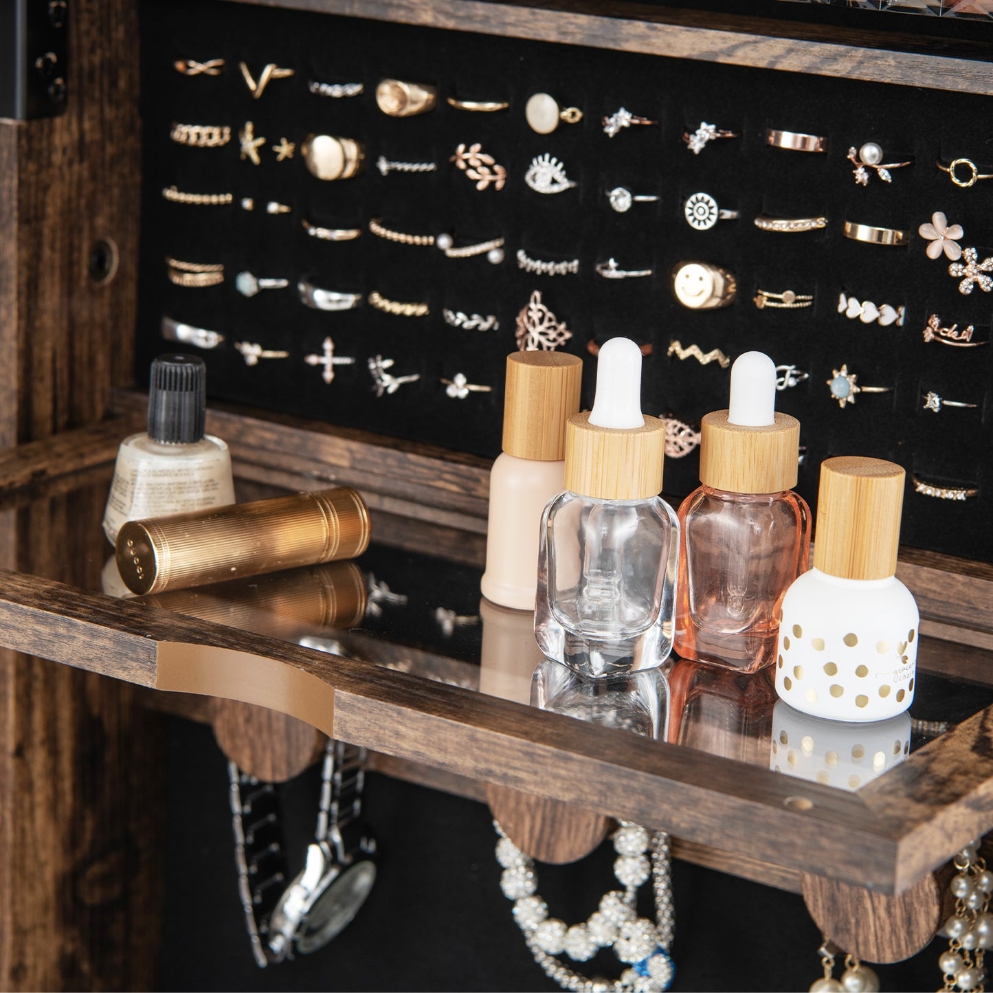 Lockable 360° Swivel Jewelry Cabinet with Full-Length Mirror LED Lights-Rustic Brown Kids Crystal