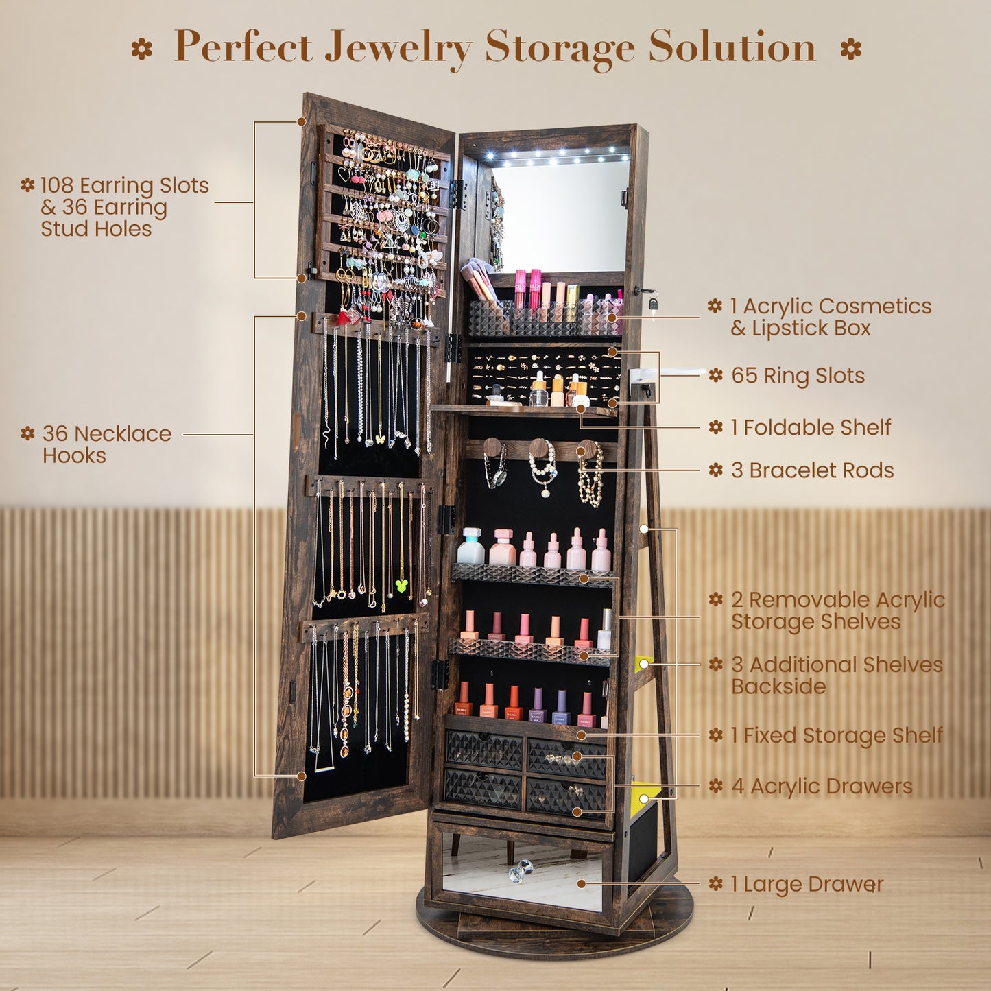 Lockable 360° Swivel Jewelry Cabinet with Full-Length Mirror LED Lights-Rustic Brown Kids Crystal