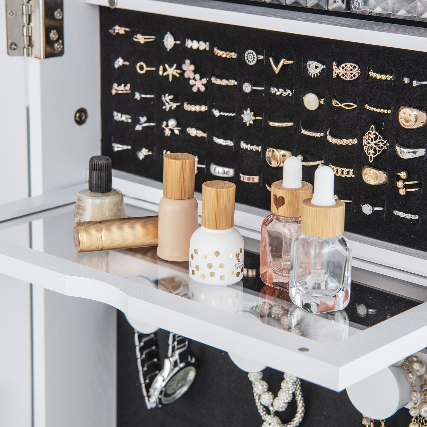 Lockable 360° Swivel Jewelry Cabinet with Full-Length Mirror LED Lights-White Kids Crystal