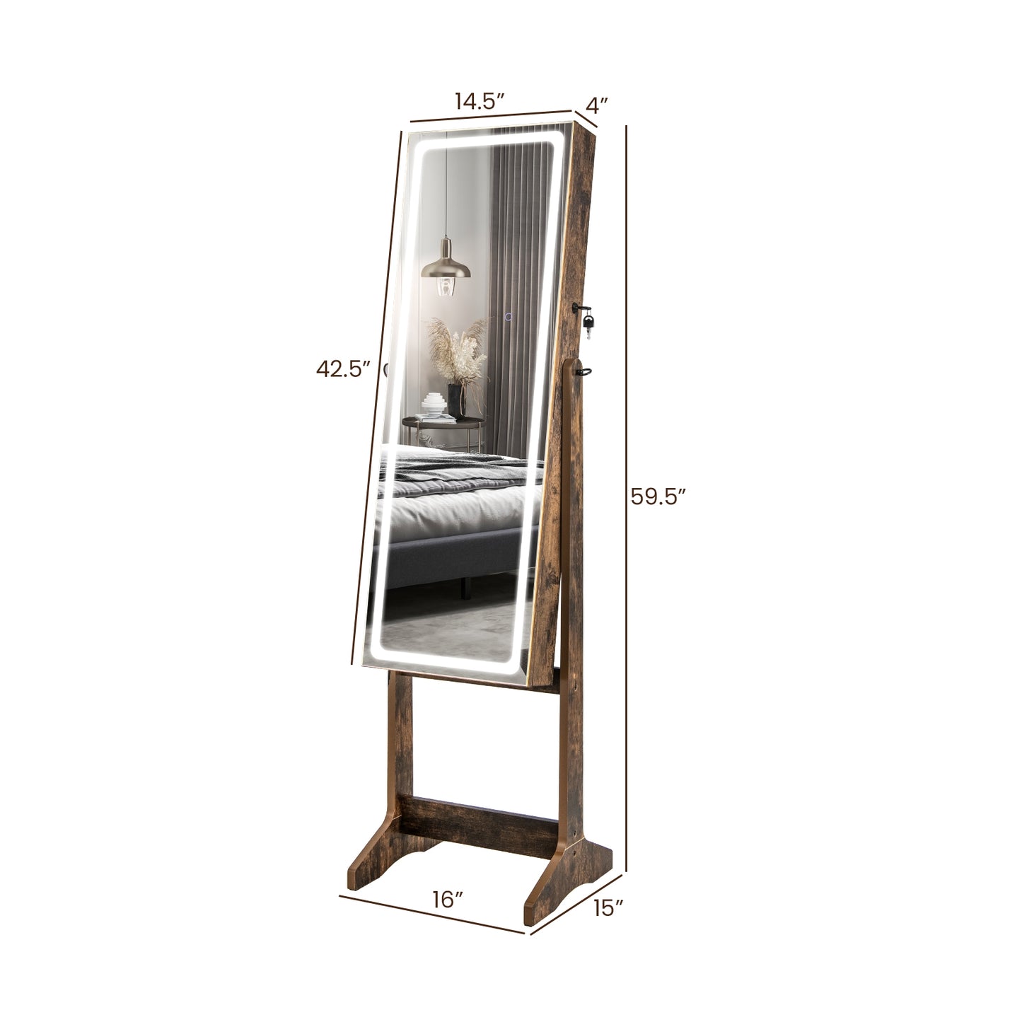 Lockable Jewelry Armoire Standing Cabinet with Lighted Full-Length Mirror-Rustic Brown Kids Crystal
