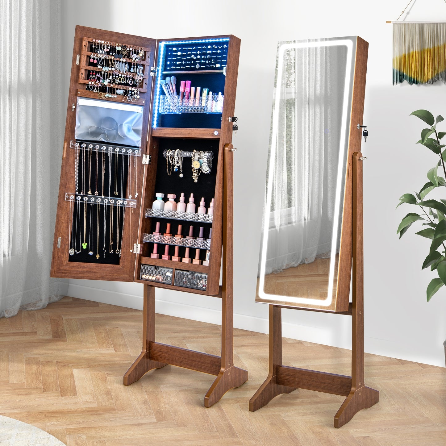 Lockable Jewelry Armoire Standing Cabinet with Lighted Full-Length Mirror-Walnut Kids Crystal