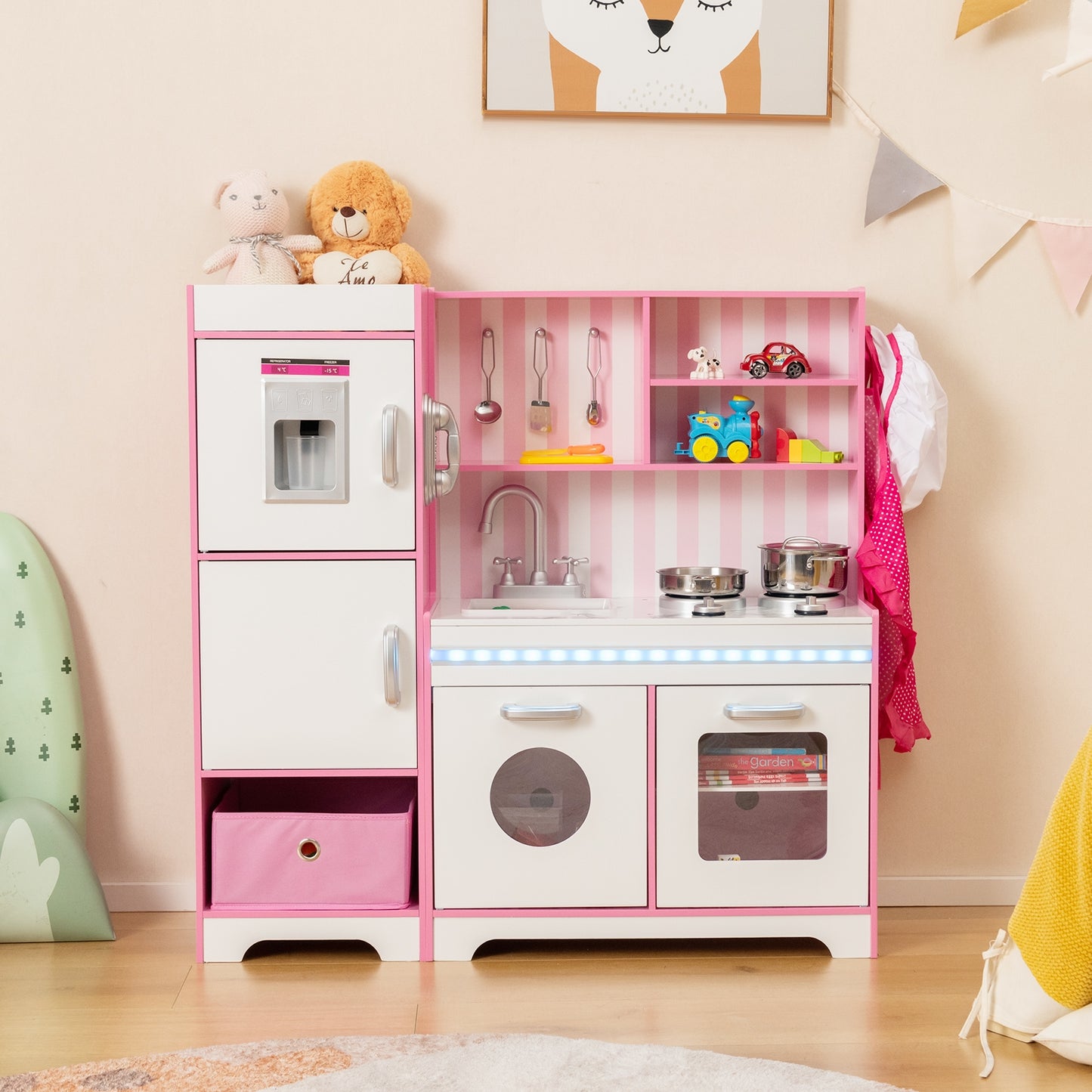 Kids Kitchen Playset Wooden Toy with Adjustable LED Lights and Washing Machine-Pink Kids Crystal