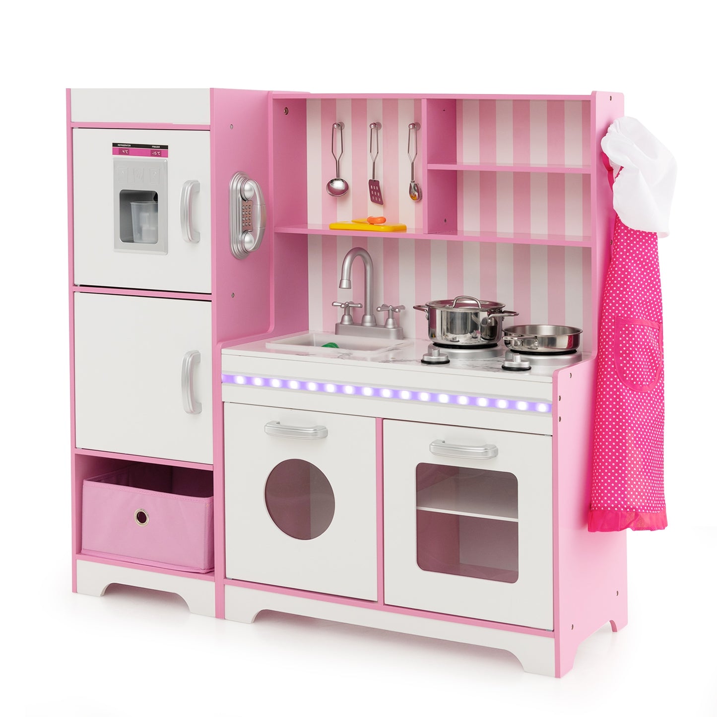 Kids Kitchen Playset Wooden Toy with Adjustable LED Lights and Washing Machine-Pink Kids Crystal