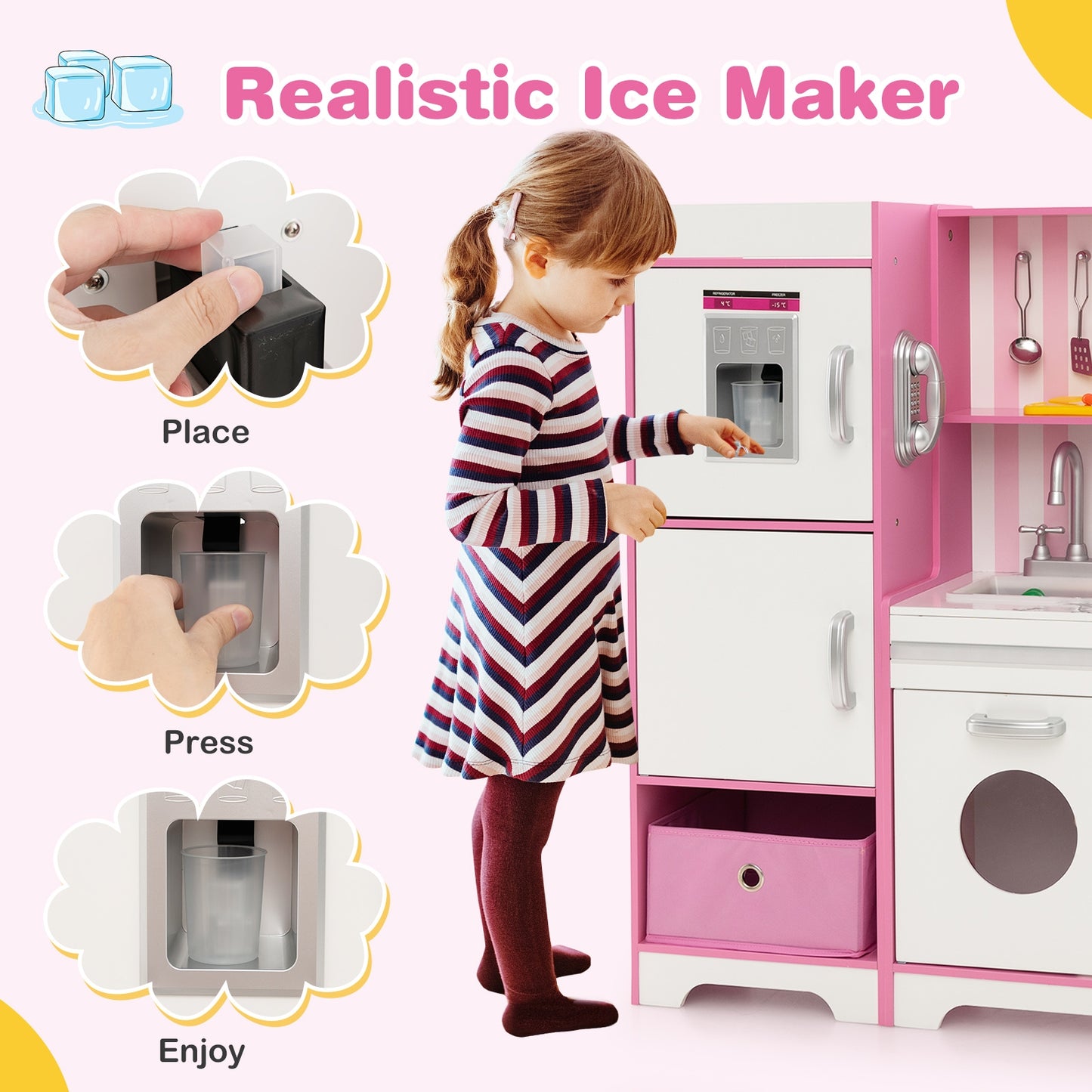 Kids Kitchen Playset Wooden Toy with Adjustable LED Lights and Washing Machine-Pink Kids Crystal