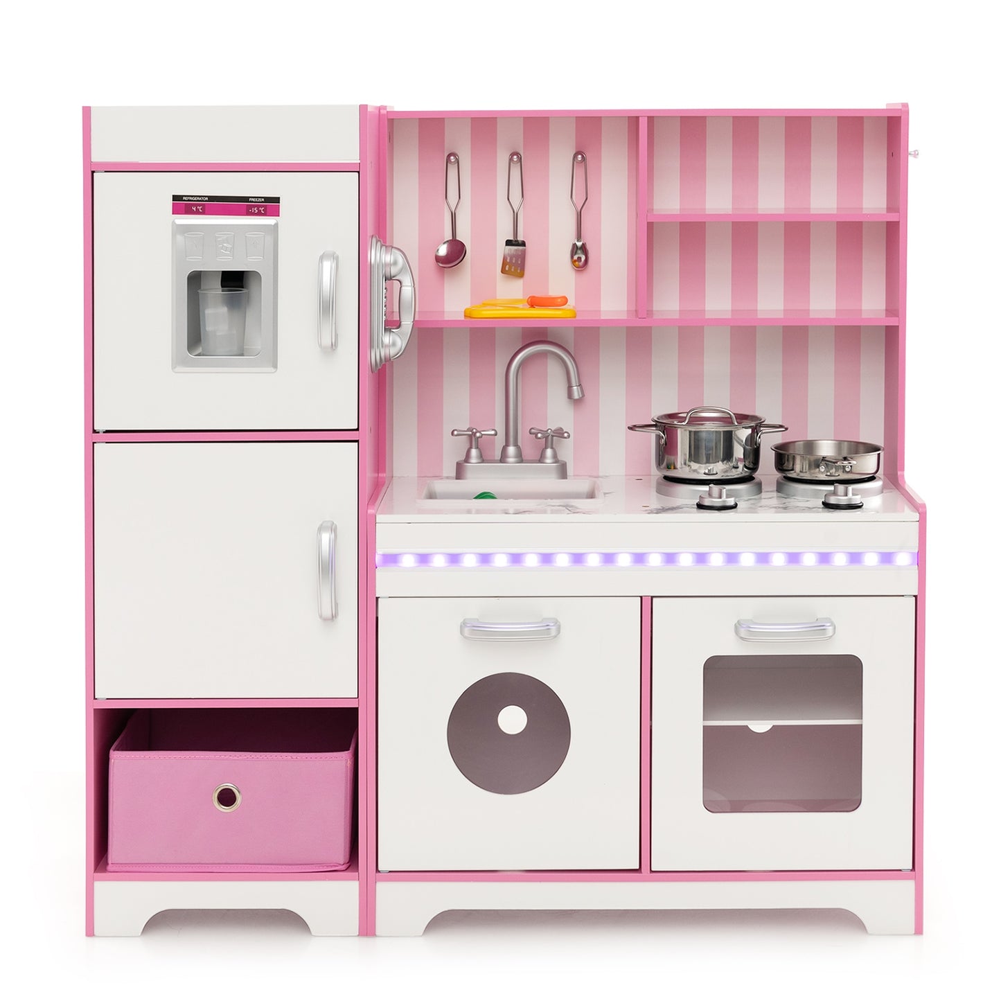 Kids Kitchen Playset Wooden Toy with Adjustable LED Lights and Washing Machine-Pink Kids Crystal