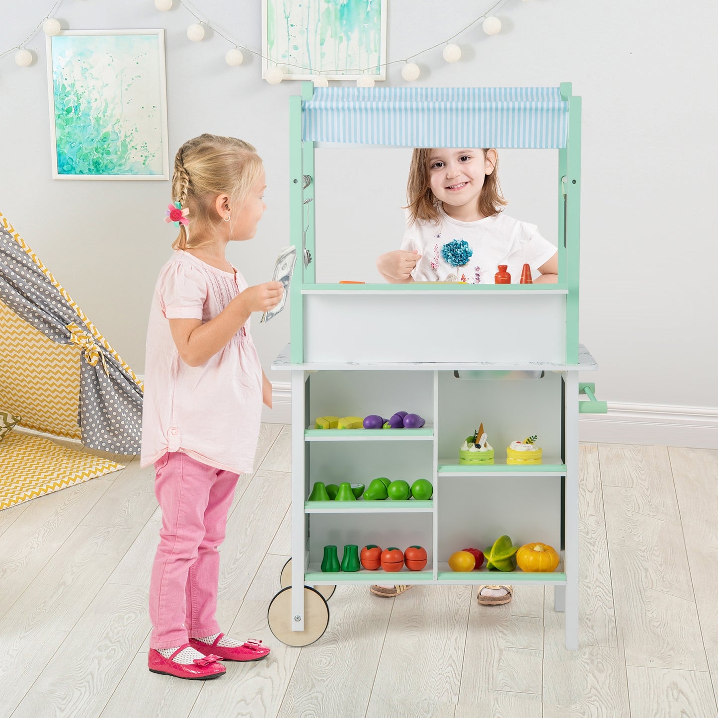 Double-sided Pretend Play Kitchen with Remote Control and LED Light Bars-Green Kids Crystal