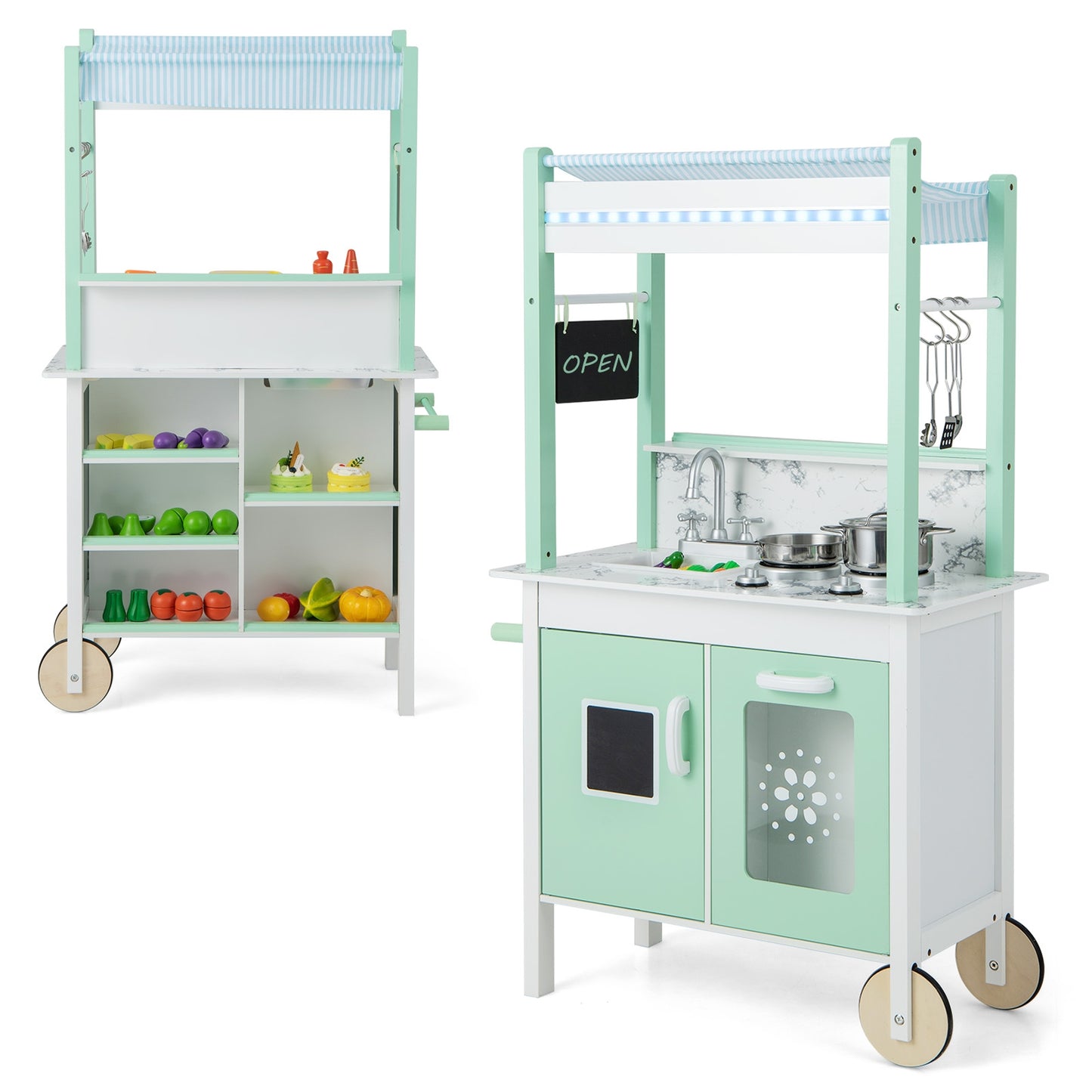 Double-sided Pretend Play Kitchen with Remote Control and LED Light Bars-Green Kids Crystal