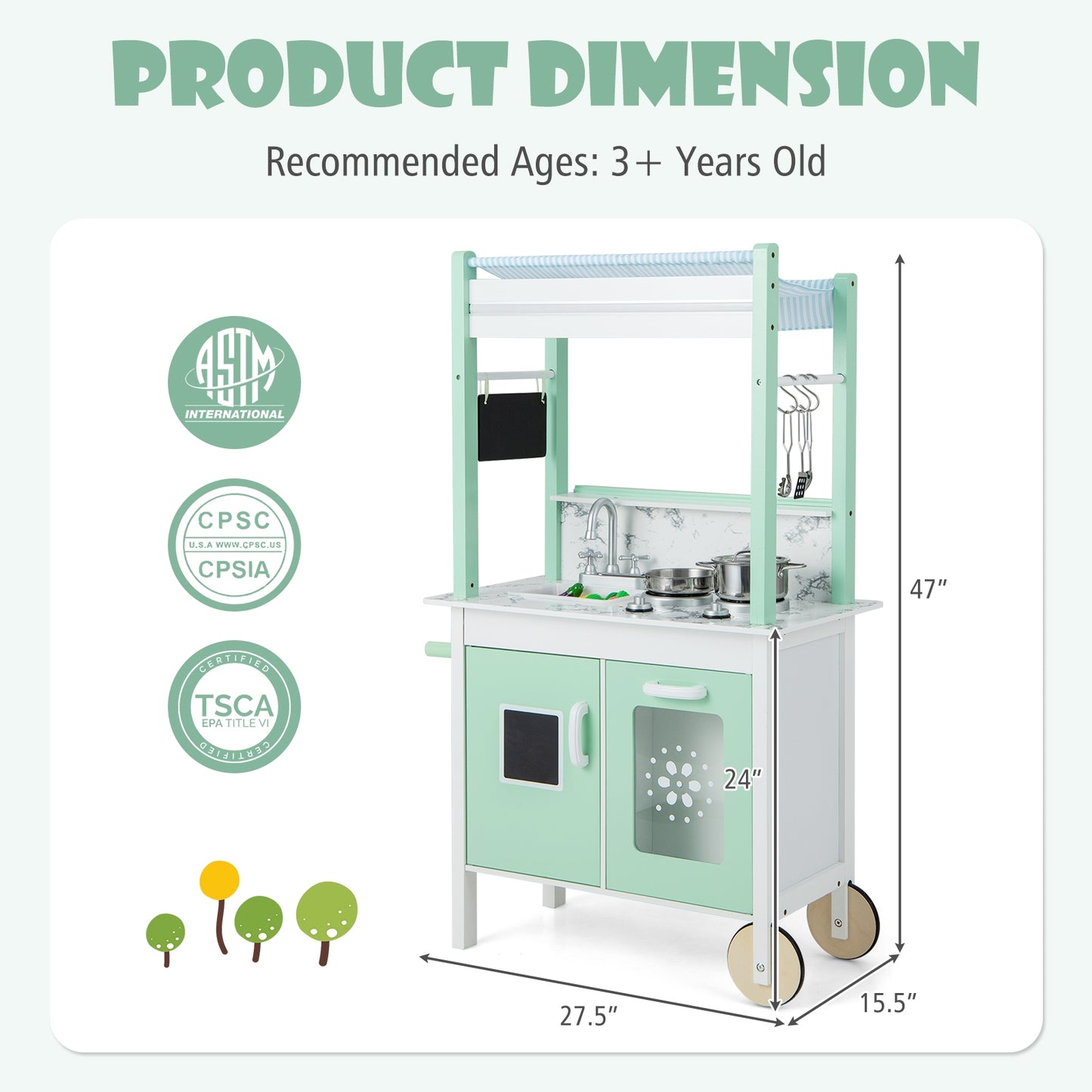 Double-sided Pretend Play Kitchen with Remote Control and LED Light Bars-Green Kids Crystal