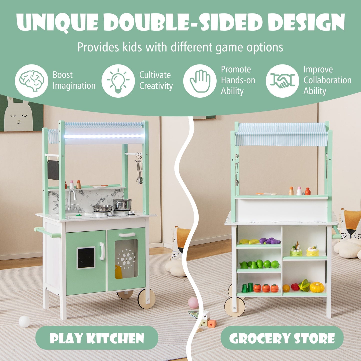 Double-sided Pretend Play Kitchen with Remote Control and LED Light Bars-Green Kids Crystal