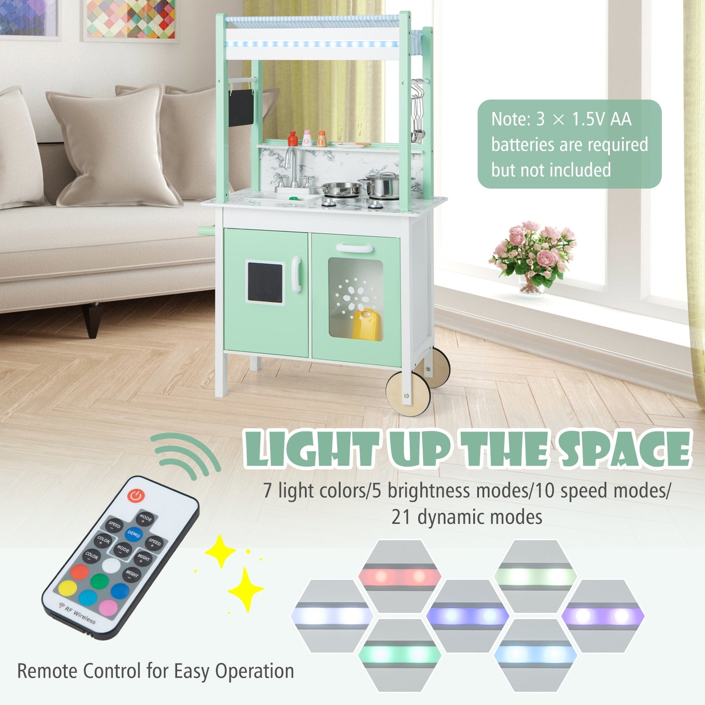 Double-sided Pretend Play Kitchen with Remote Control and LED Light Bars-Green Kids Crystal