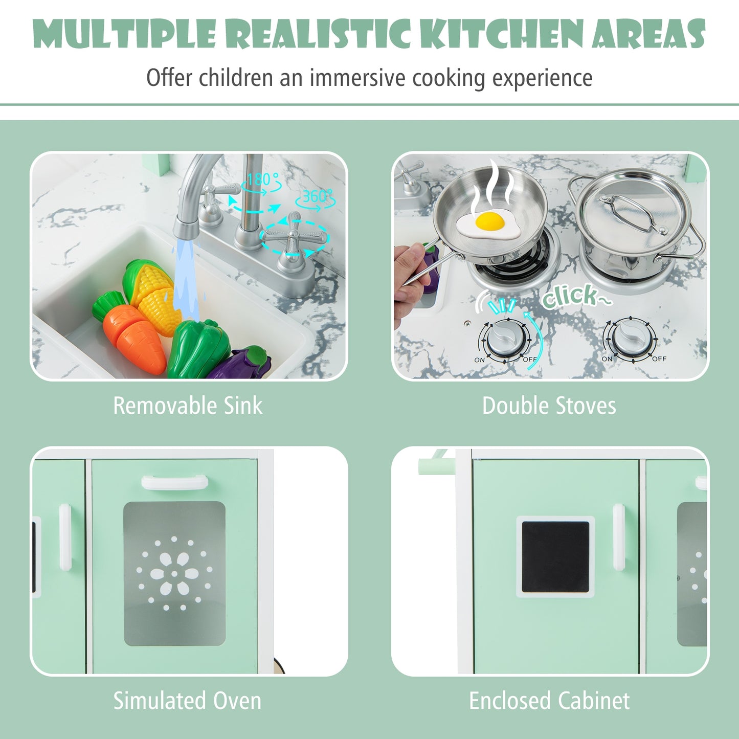Double-sided Pretend Play Kitchen with Remote Control and LED Light Bars-Green Kids Crystal