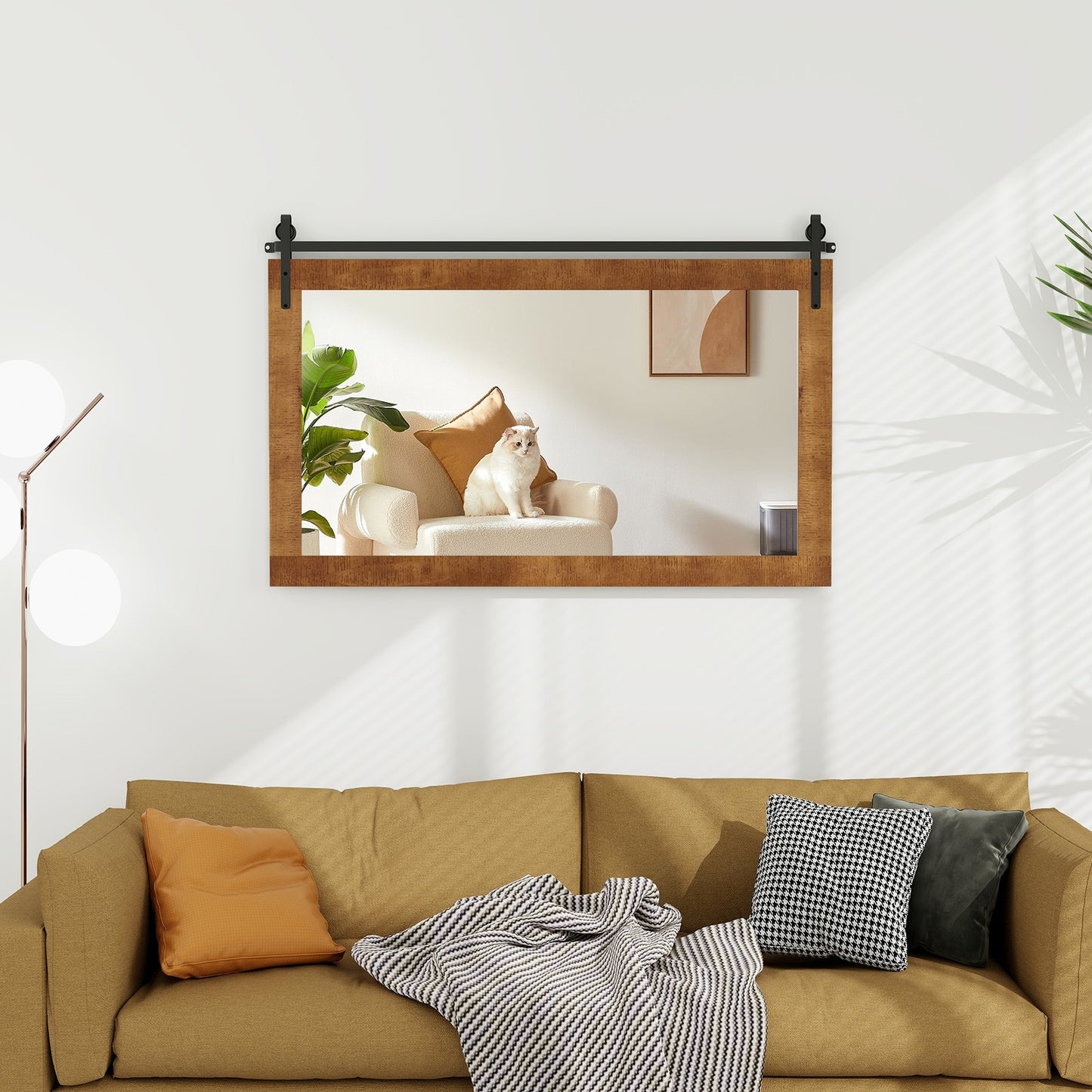 40 Inch x 26 Inch Rectangle Barn Door Style Wall Mounted Mirror with Solid Wood Frame and Metal Bracket-Brown Kids Crystal