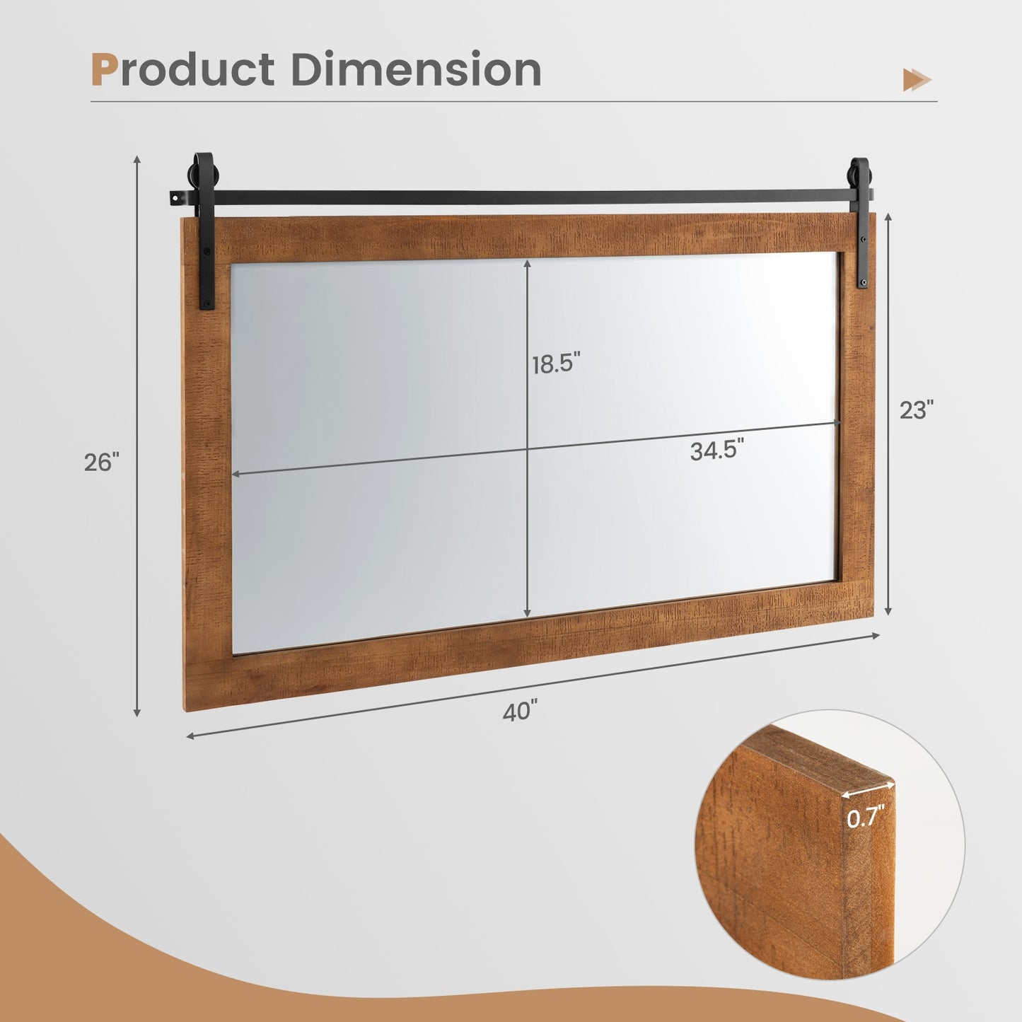 40 Inch x 26 Inch Rectangle Barn Door Style Wall Mounted Mirror with Solid Wood Frame and Metal Bracket-Brown Kids Crystal