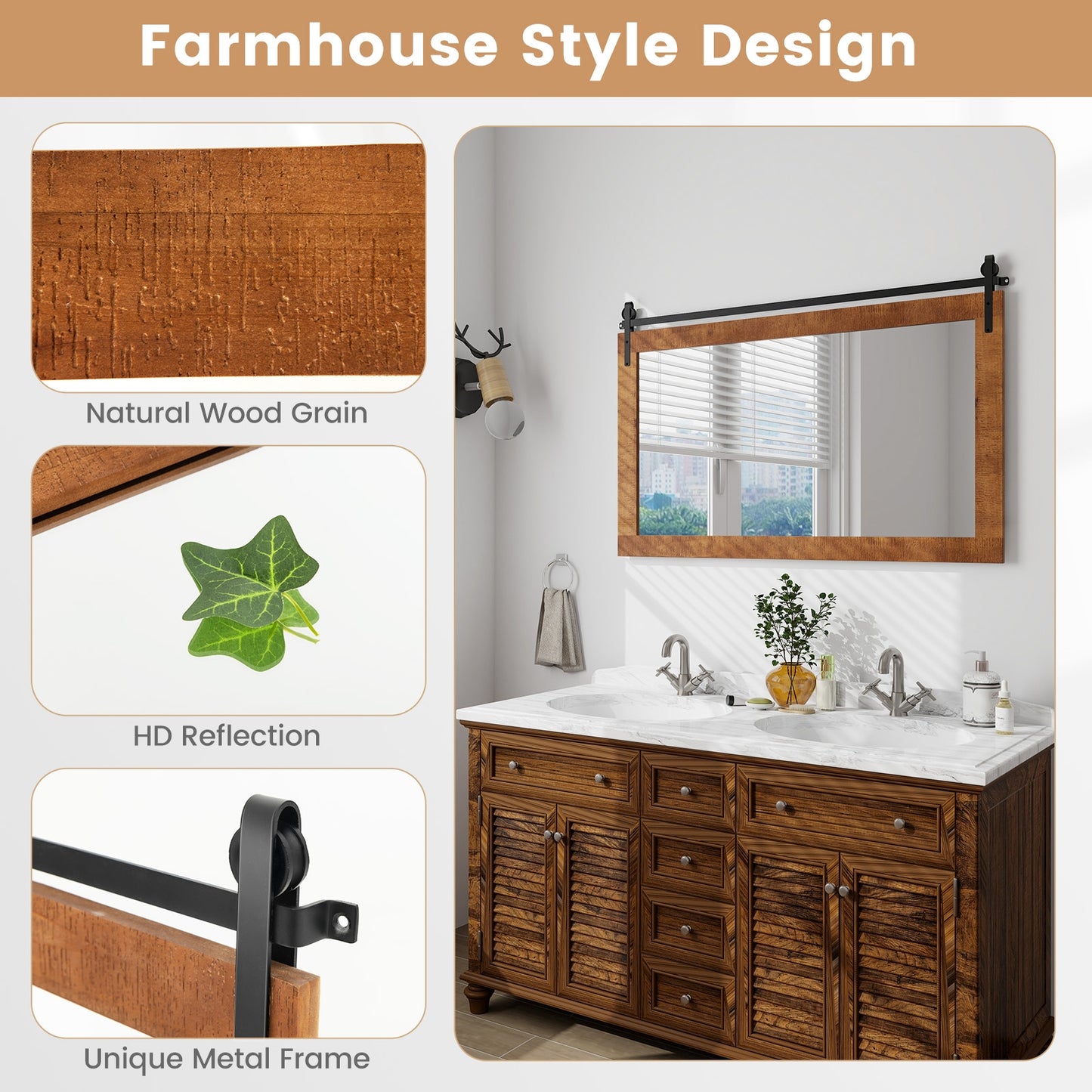 40 Inch x 26 Inch Rectangle Barn Door Style Wall Mounted Mirror with Solid Wood Frame and Metal Bracket-Brown Kids Crystal