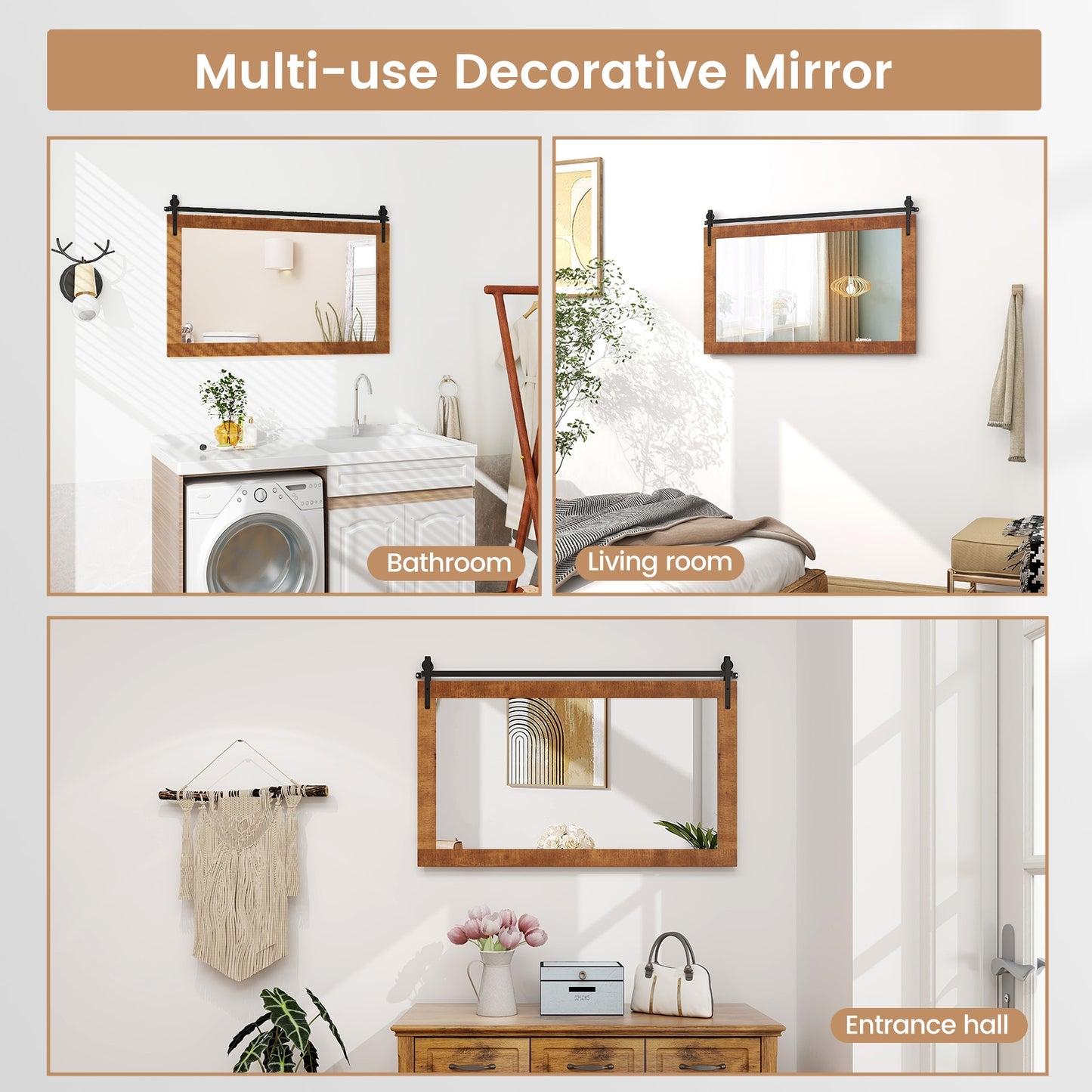 40 Inch x 26 Inch Rectangle Barn Door Style Wall Mounted Mirror with Solid Wood Frame and Metal Bracket-Brown Kids Crystal