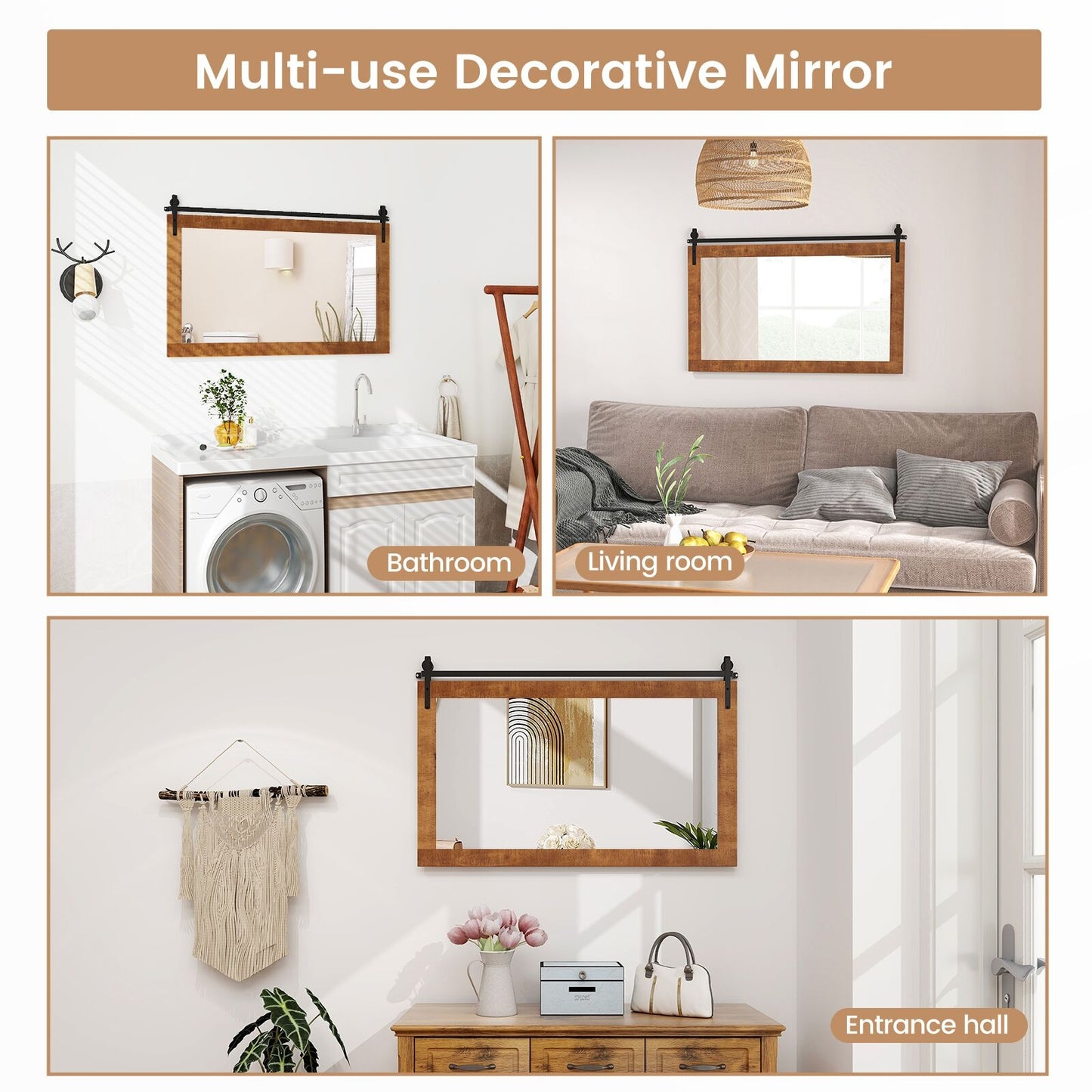 40 Inch x 26 Inch Rectangle Barn Door Style Wall Mounted Mirror with Solid Wood Frame and Metal Bracket-Brown Kids Crystal