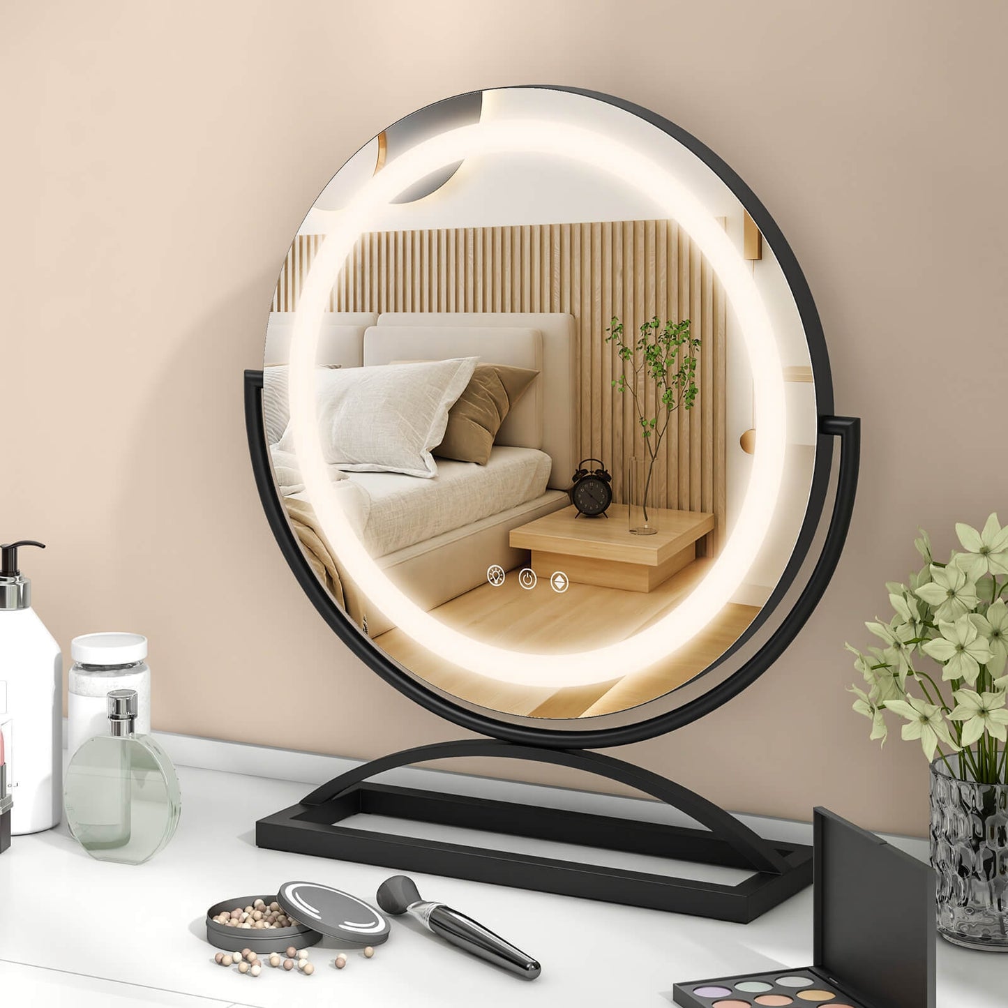 16 Inch Round Makeup Vanity Mirror with 3 Color Dimmable LED Lighting-Black Kids Crystal