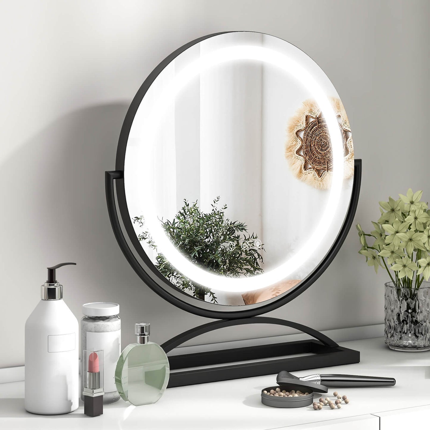 16 Inch Round Makeup Vanity Mirror with 3 Color Dimmable LED Lighting-Black Kids Crystal