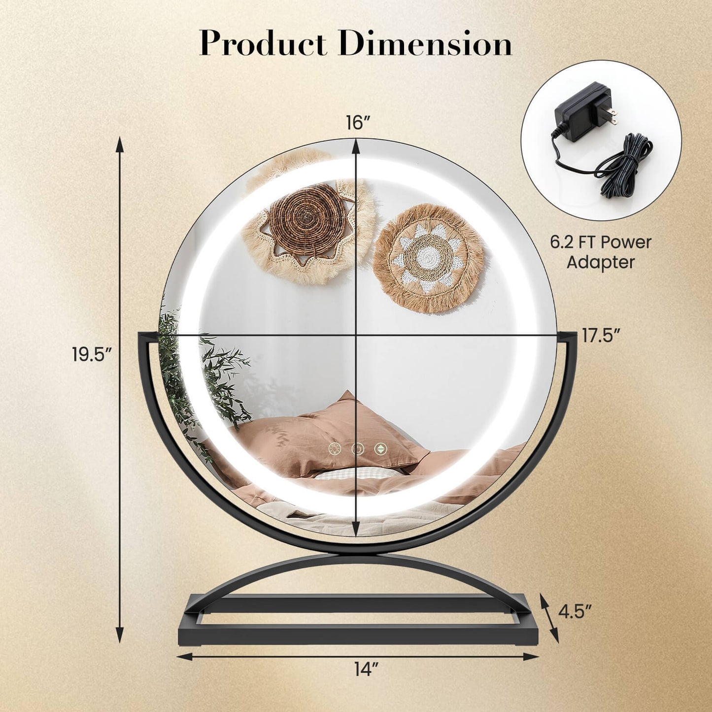 16 Inch Round Makeup Vanity Mirror with 3 Color Dimmable LED Lighting-Black Kids Crystal
