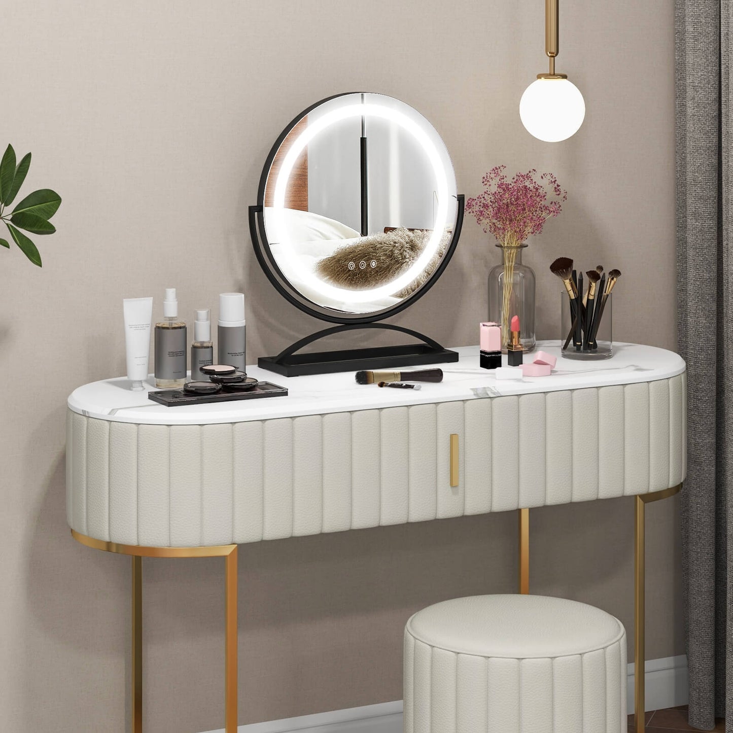 16 Inch Round Makeup Vanity Mirror with 3 Color Dimmable LED Lighting-Black Kids Crystal