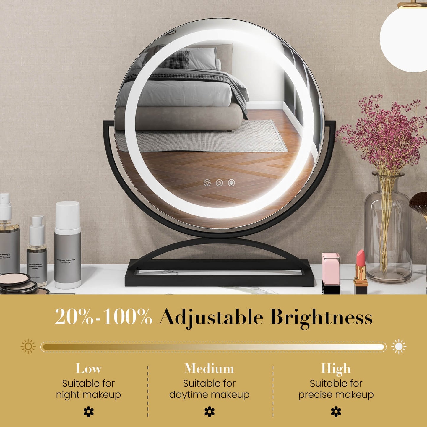 16 Inch Round Makeup Vanity Mirror with 3 Color Dimmable LED Lighting-Black Kids Crystal