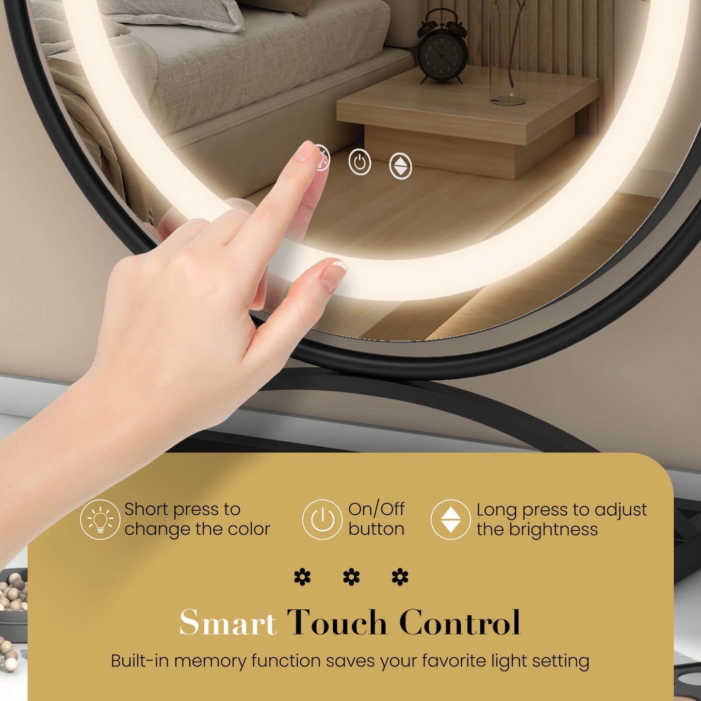 16 Inch Round Makeup Vanity Mirror with 3 Color Dimmable LED Lighting-Black Kids Crystal