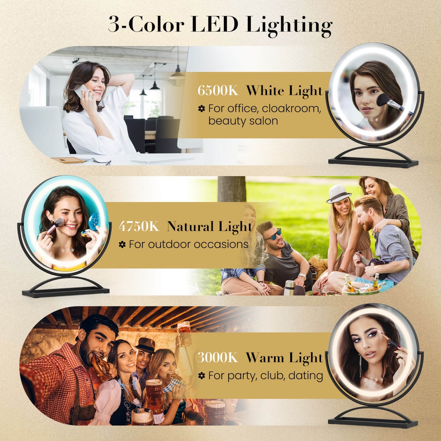 16 Inch Round Makeup Vanity Mirror with 3 Color Dimmable LED Lighting-Black Kids Crystal