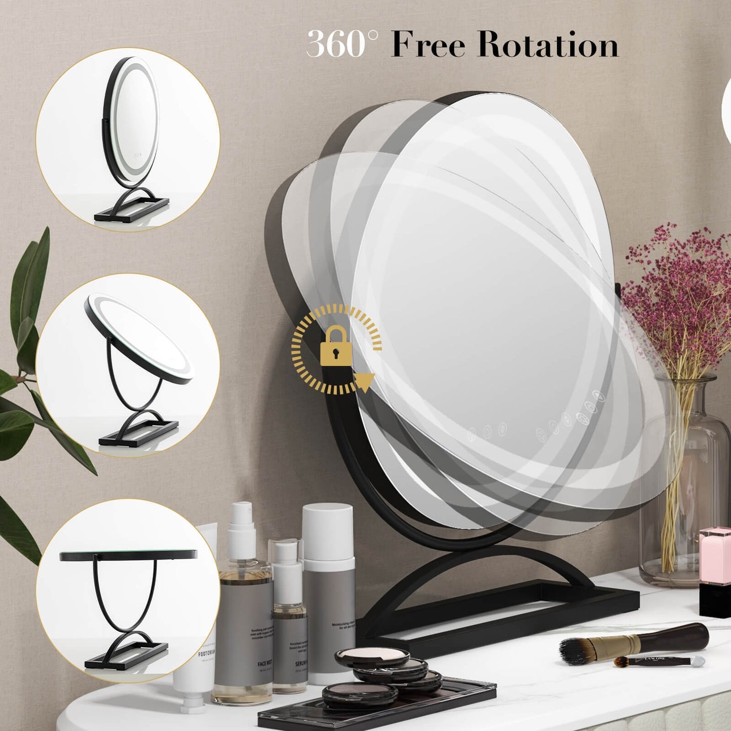 16 Inch Round Makeup Vanity Mirror with 3 Color Dimmable LED Lighting-Black Kids Crystal