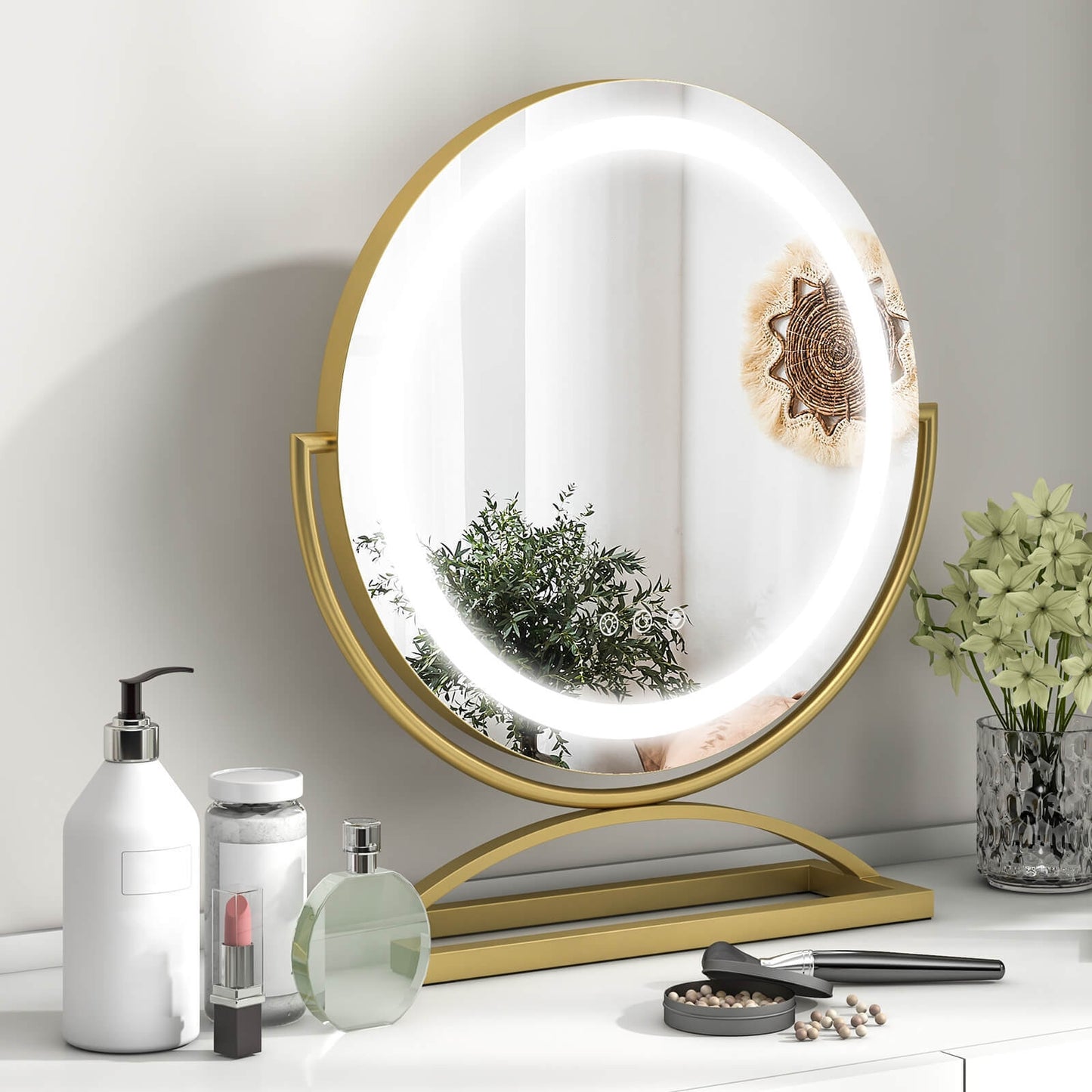 16 Inch Round Makeup Vanity Mirror with 3 Color Dimmable LED Lighting-Golden Kids Crystal