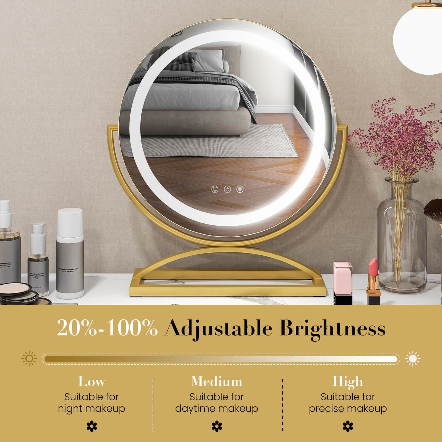 16 Inch Round Makeup Vanity Mirror with 3 Color Dimmable LED Lighting-Golden Kids Crystal