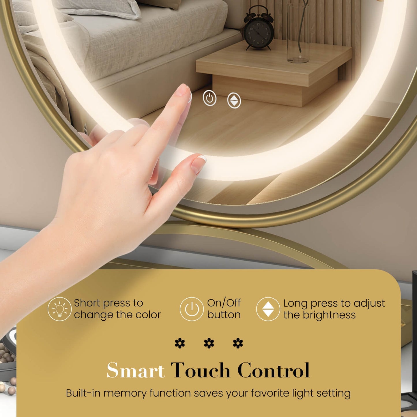 16 Inch Round Makeup Vanity Mirror with 3 Color Dimmable LED Lighting-Golden Kids Crystal