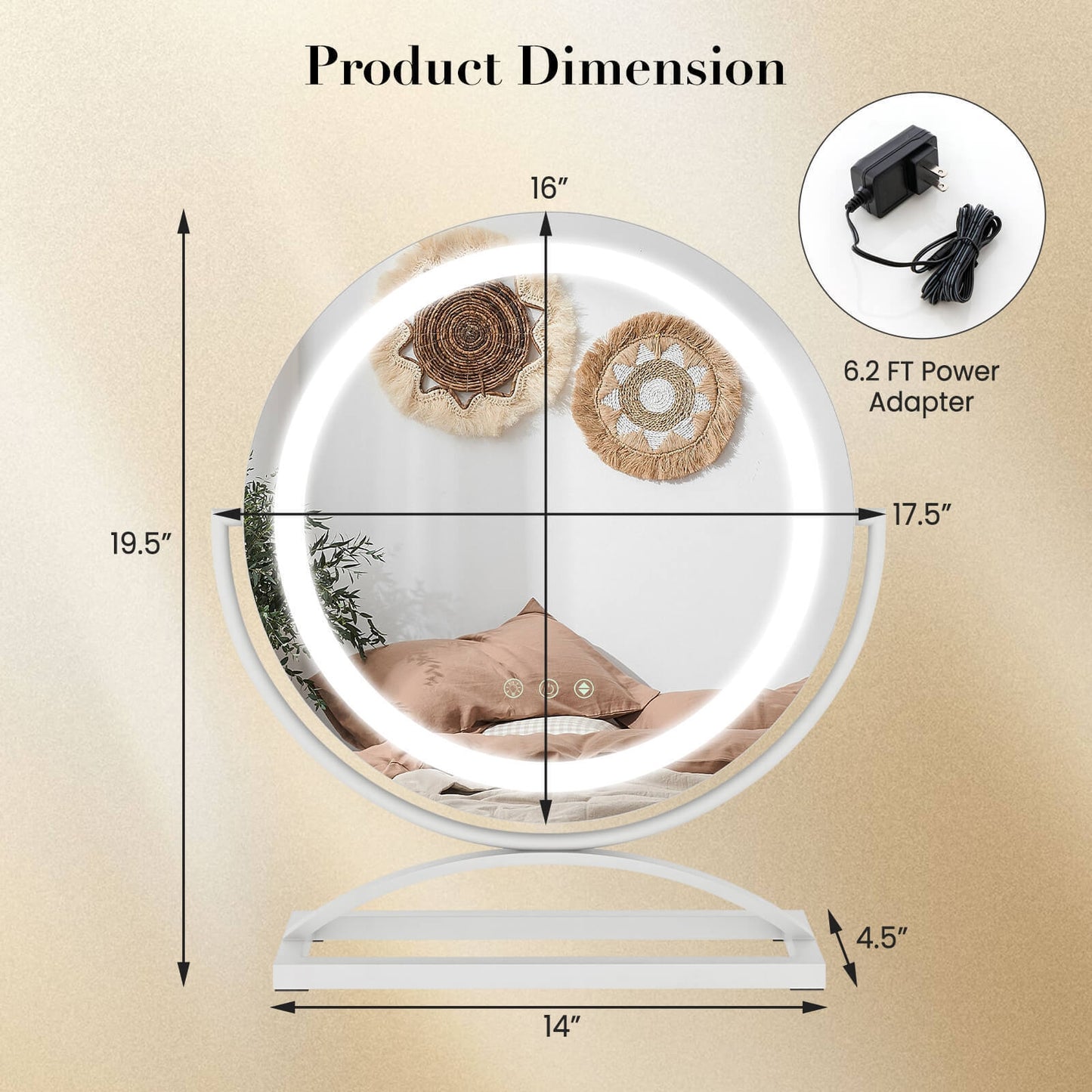 16 Inch Round Makeup Vanity Mirror with 3 Color Dimmable LED Lighting-White Kids Crystal