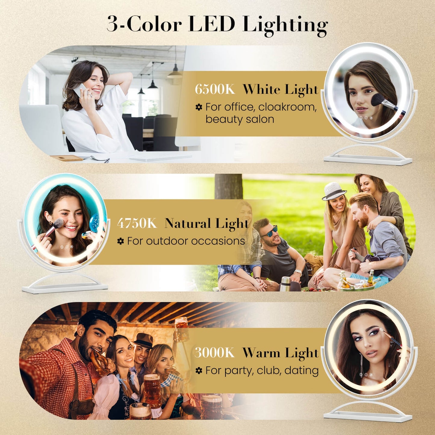16 Inch Round Makeup Vanity Mirror with 3 Color Dimmable LED Lighting-White Kids Crystal