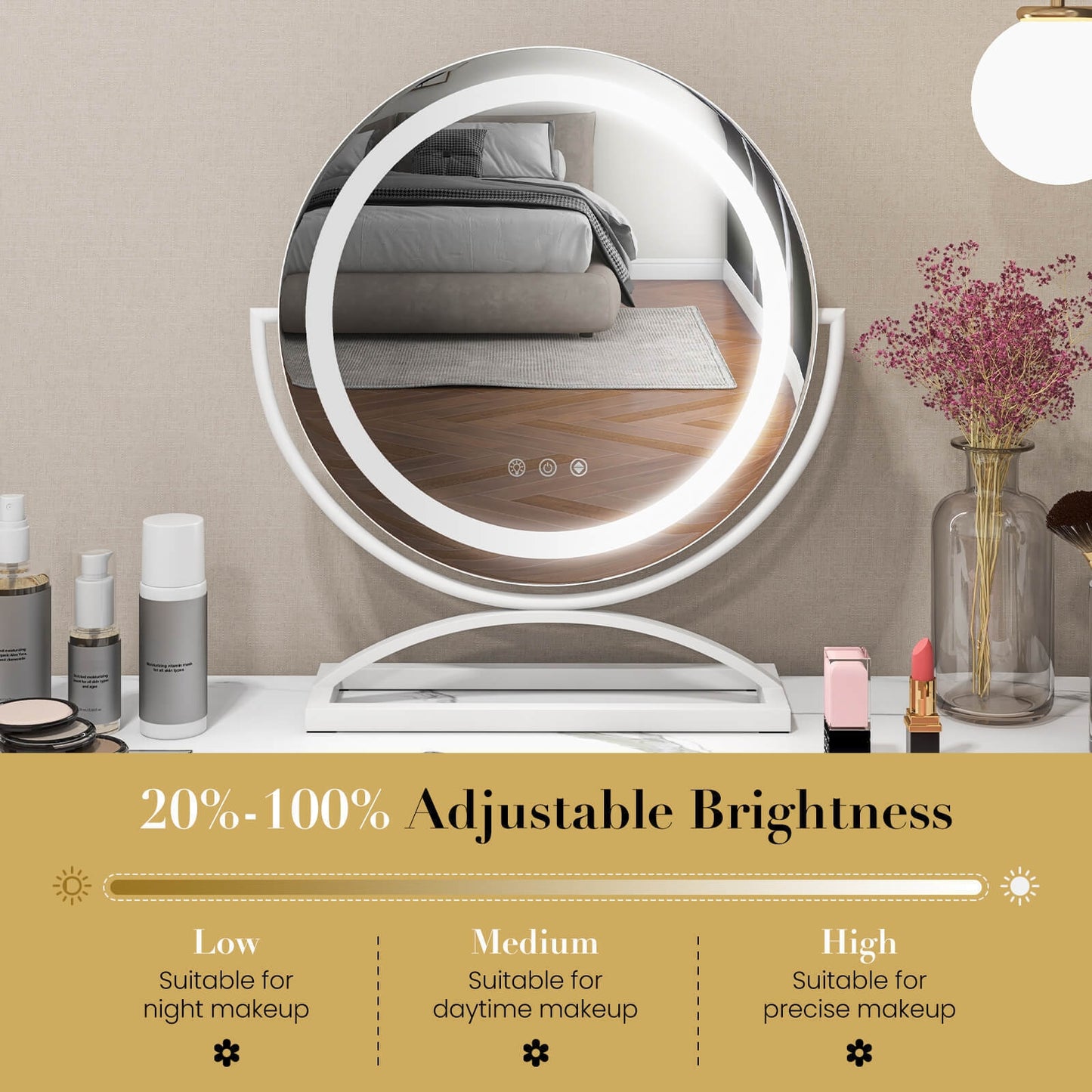 16 Inch Round Makeup Vanity Mirror with 3 Color Dimmable LED Lighting-White Kids Crystal